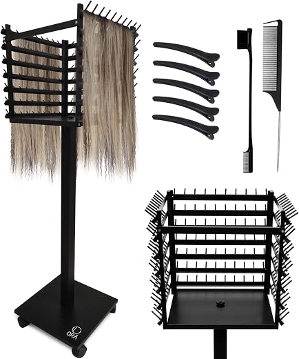 ORA SHOP – Braiding Hair Rack, Hair Extension Holder, Hair Braiding Tools, Hair Product Organizer, Wooden 3-Sided Rack Sta...