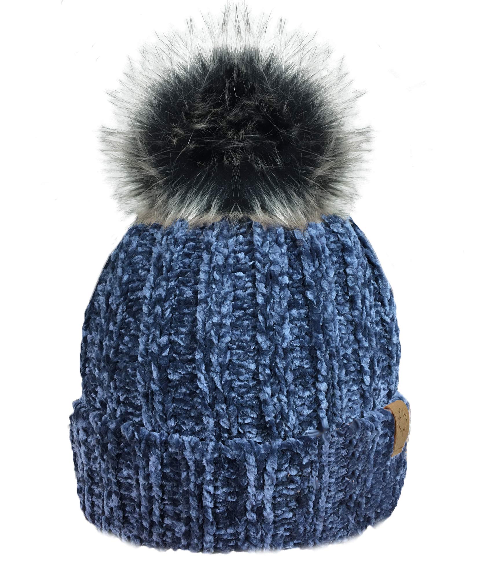 Rockjock Women's Navy R80 Soft Chenille Rib Hat With Insulating Warm Teddy Fleece Liner And Detachable Faux Fur Pompom
