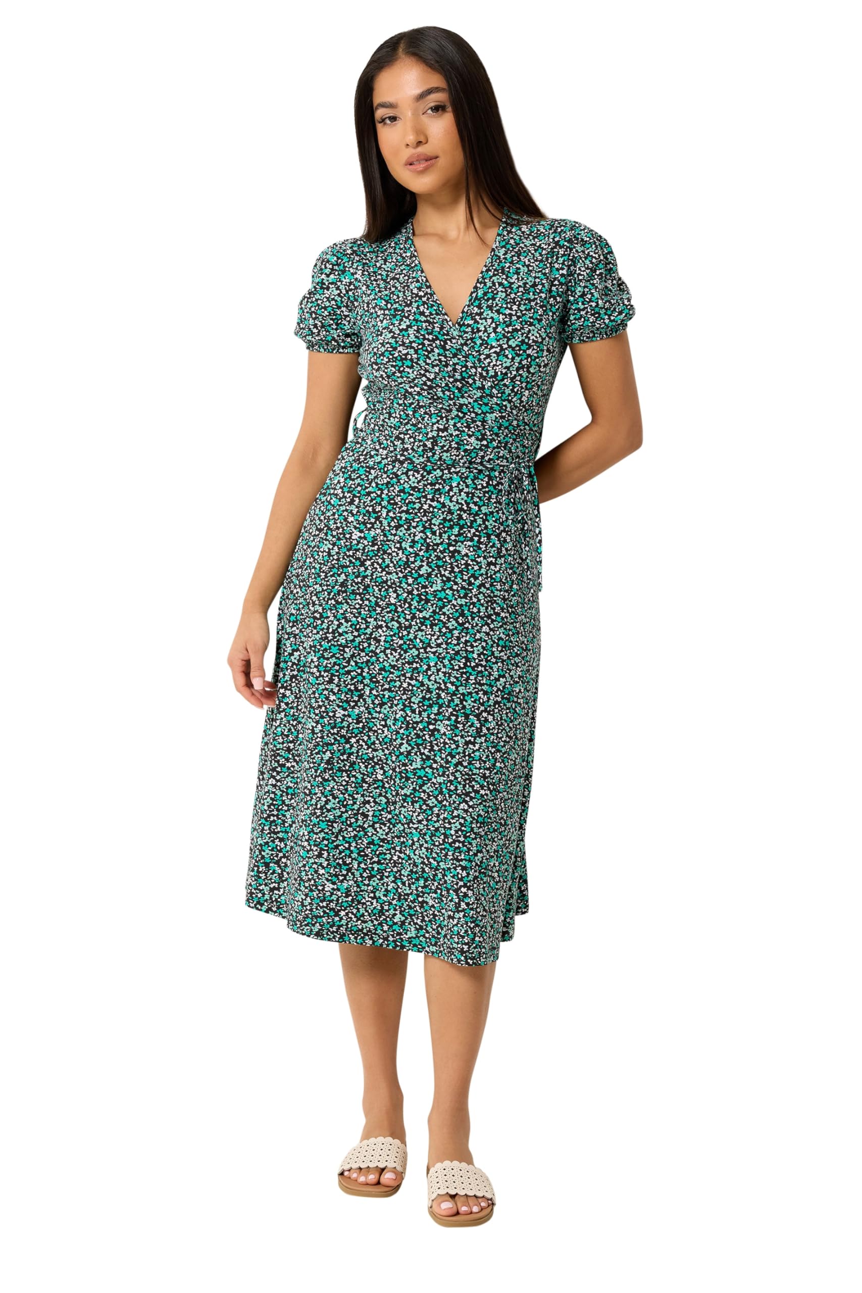 M&Co Women's Green Petite Ditsy Floral Midi Wrap Dress