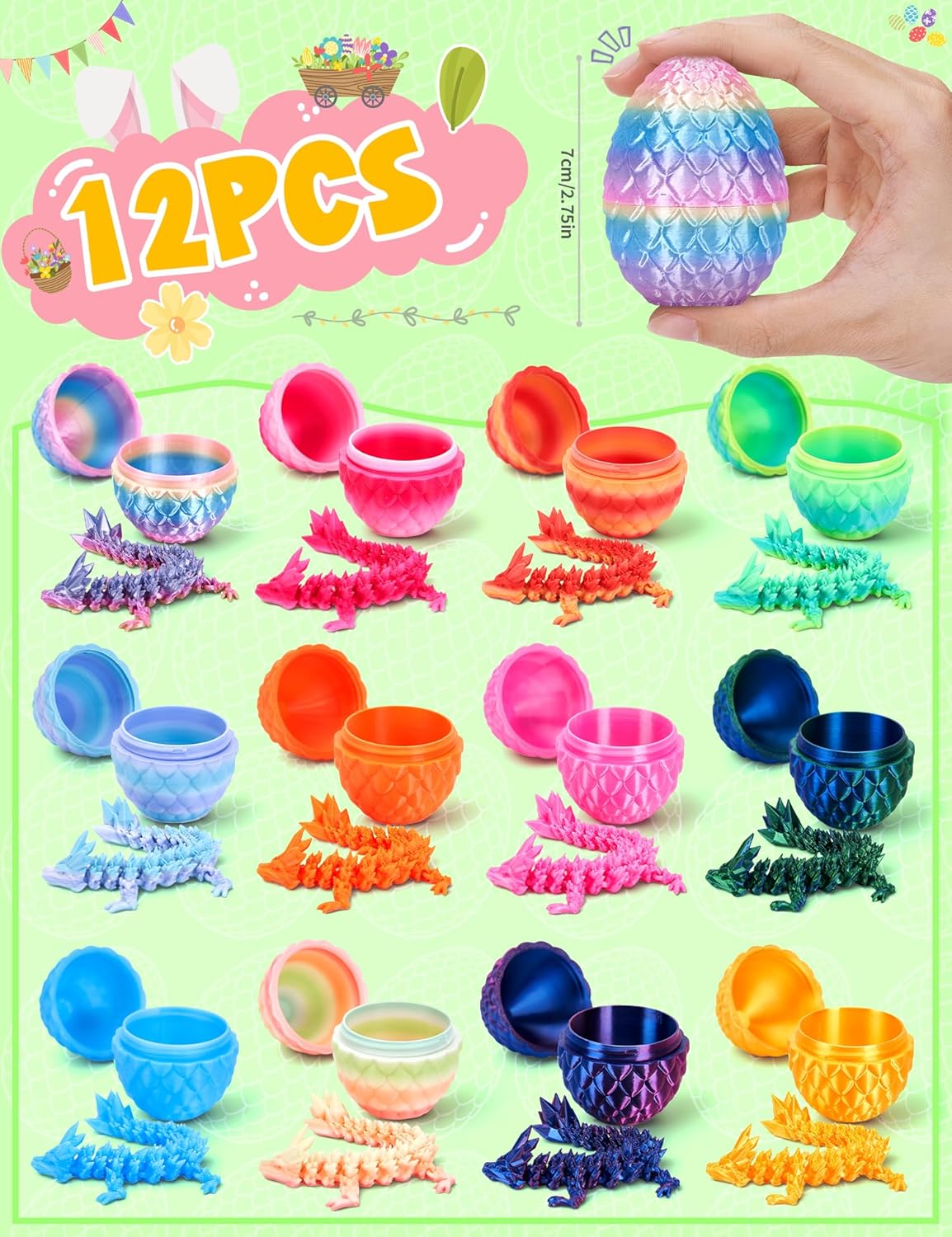 12PCS 3D Printed Dragon Eggs Prefilled Easter Eggs with Dragon for Basket Stuffers Articulated Animals Toy Gifts for Kids Teens Unique Easter Basket Essentials Goodie Bag Fillers