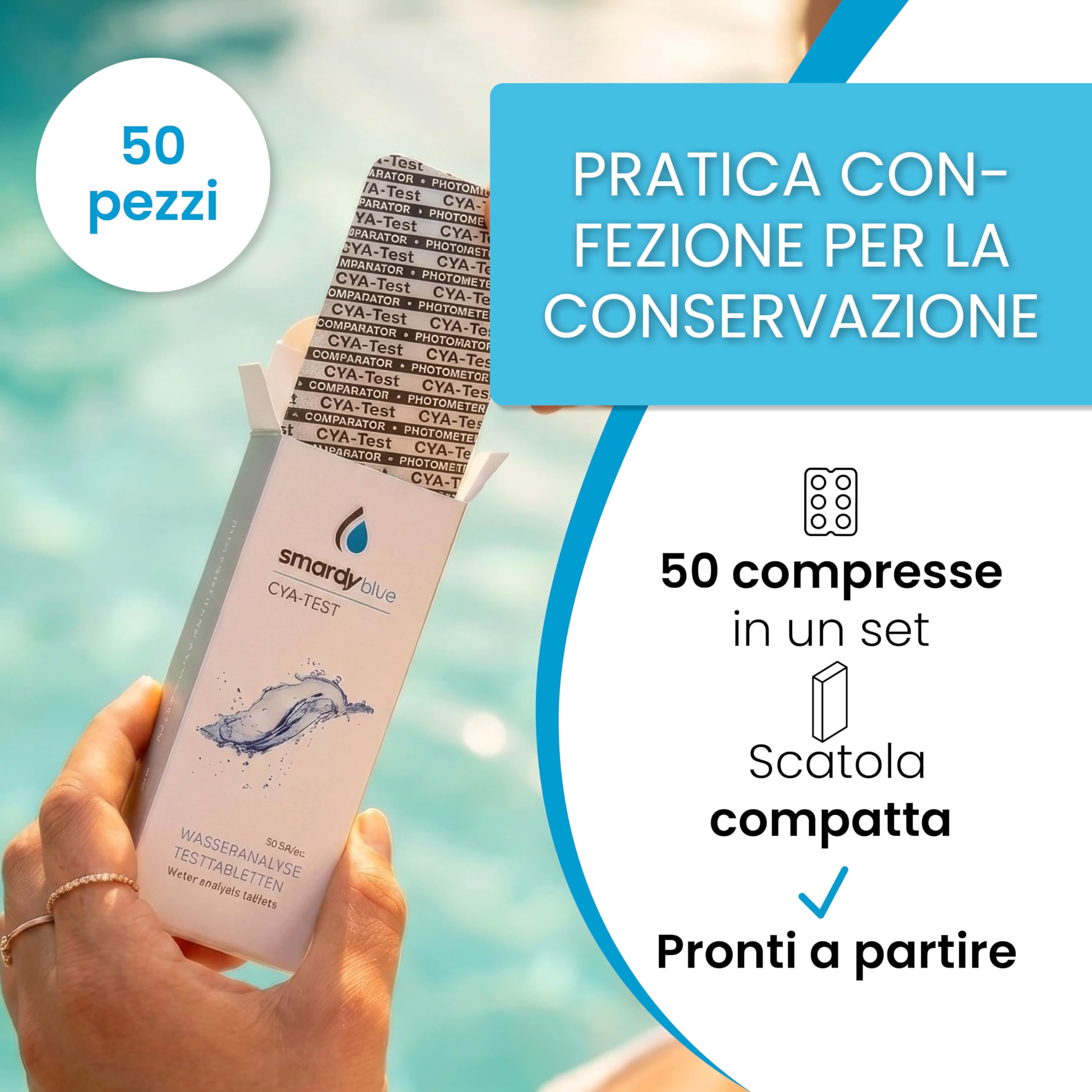 smardy 50 pastiglie fotometro CyA – misura l'acido cianurico/stabilizzatore in piscina, spa e acquario – compatibili con PoolLab, SCUBA II, BAYROL e altri tester elettronici – Made in Germany