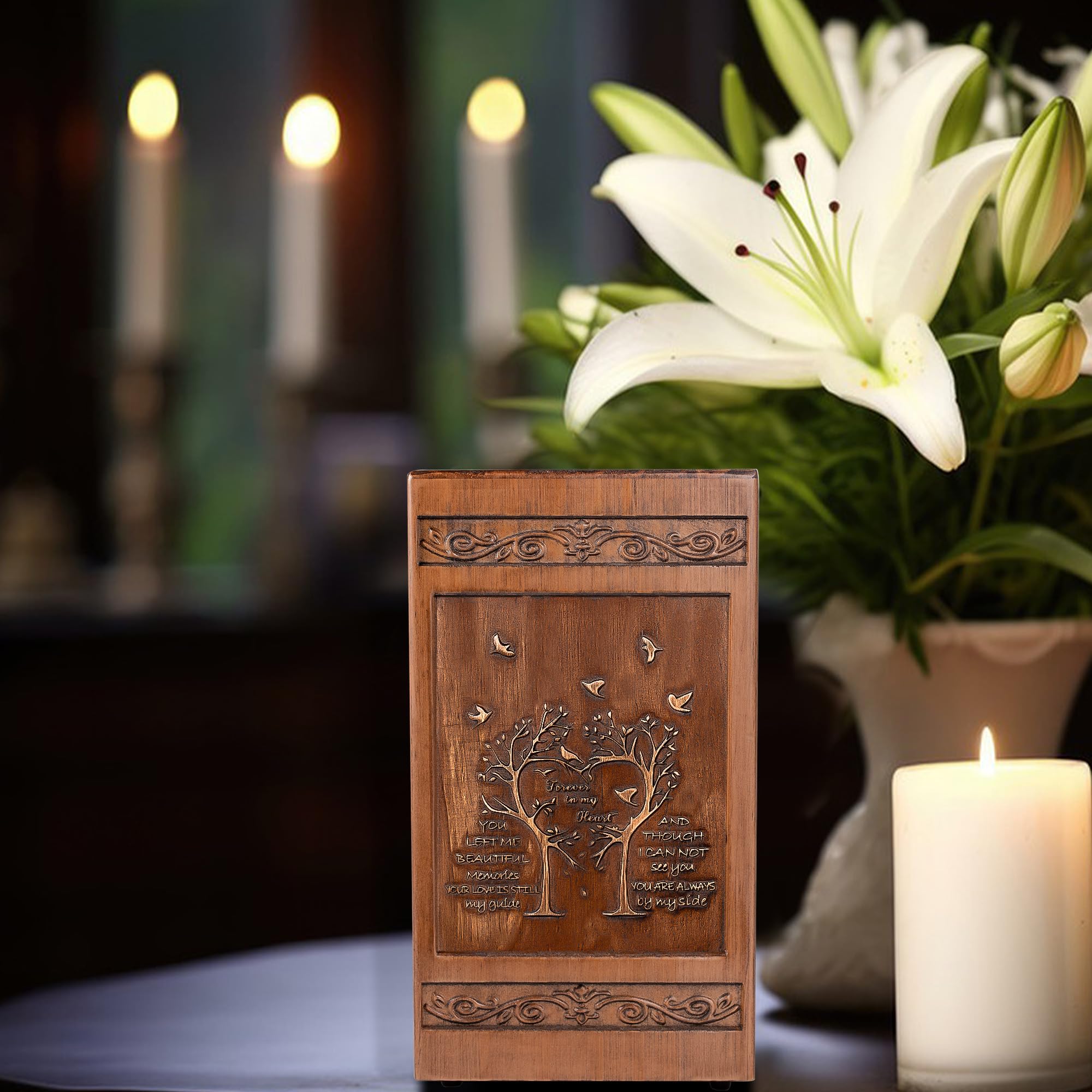 Gredstar Tree of Life Wood Urn for Ashes, Exquisitely Carved Adult Memorial Box - Image 3