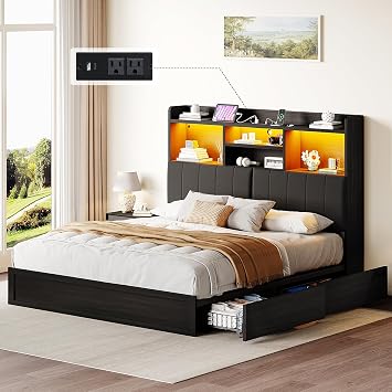YUMPIE Queen Bed Frame with Bookcase Headboard, Farmhouse Upholstered Platform Bed with 4 Storage Drawers, LED Bed with Charging Station, Wood Slats Support, No Box Spring Needed, Noise-Free, Black