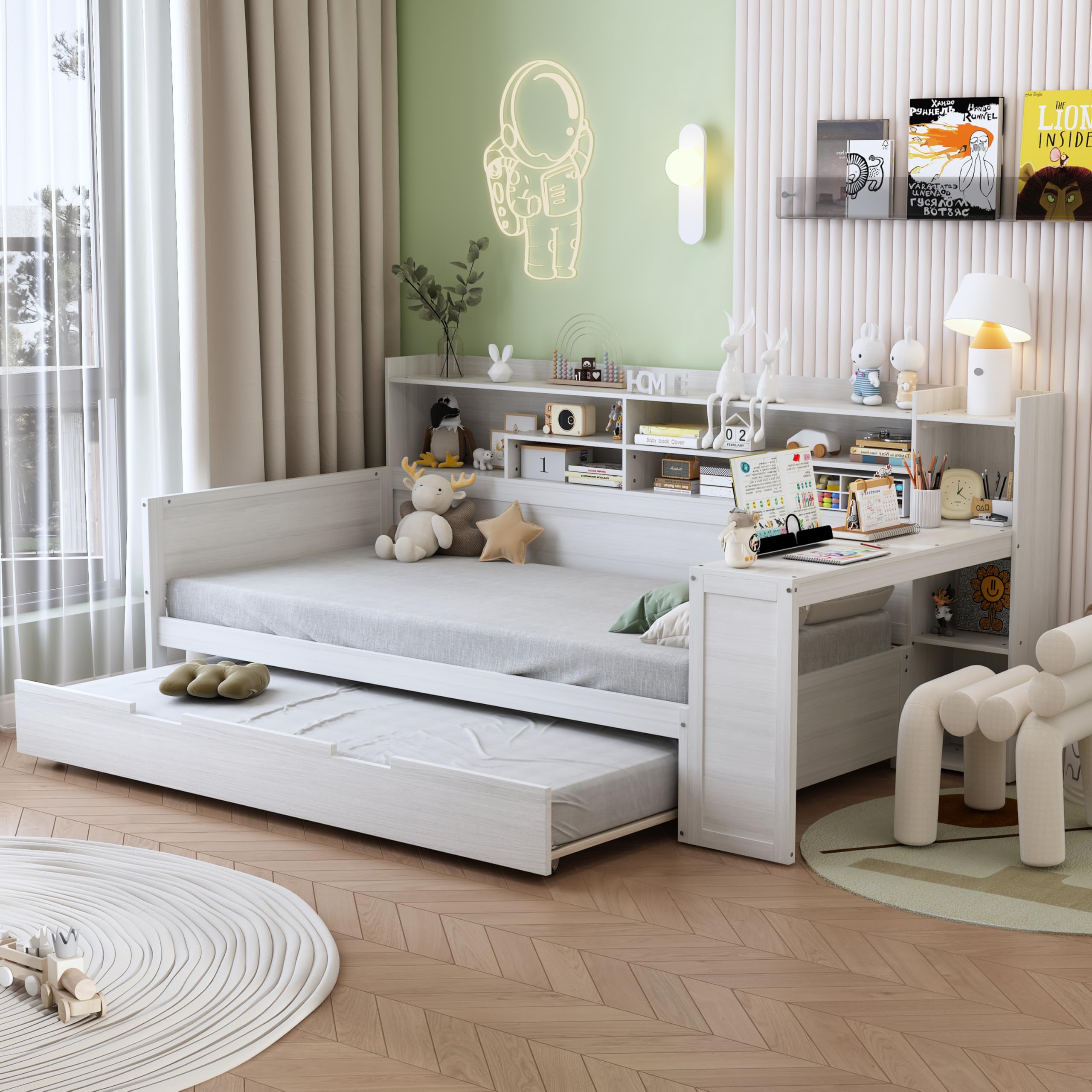 JIVOIT Twin Size Daybed, Wooden Daybed with Storage Shelves, Multi-Functional Bed with Twin Size Trundle Bed and Study Desk, Space-Saving Platform Bed