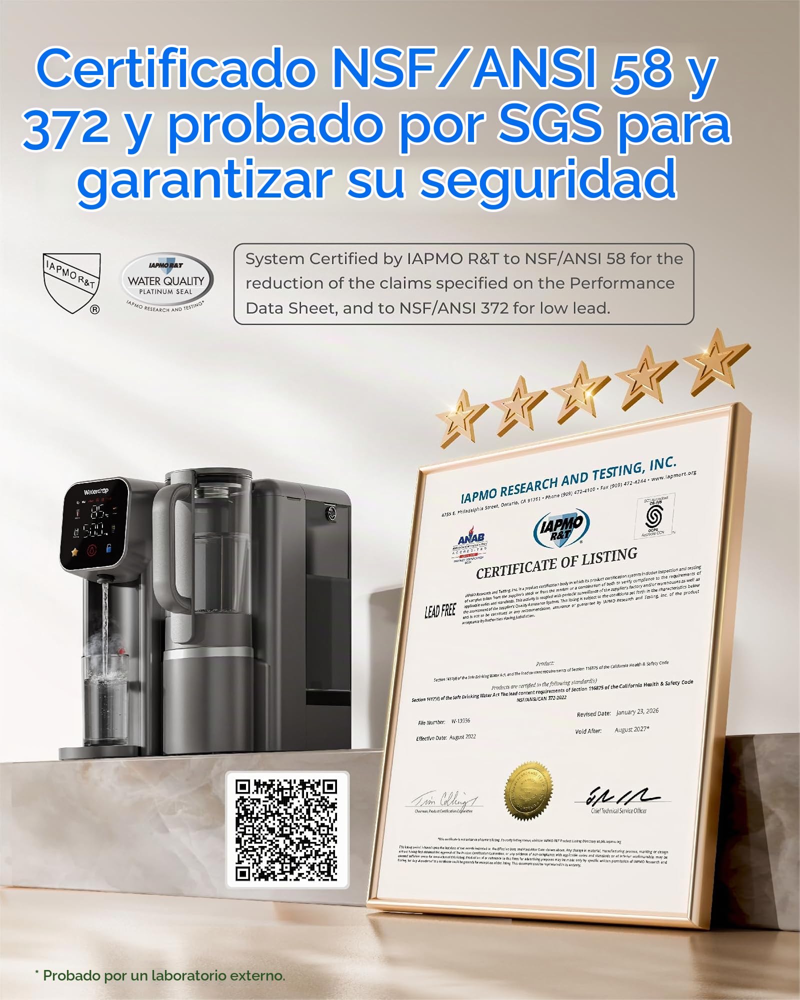 Waterdrop M6HG Mineralizada Ósmosis Inversa, Agua Caliente Instantánea, Certificado NSF/ANSI 58 y 372, 8 Etapas de Filtración, Relación Agua Pura/Drenaje 3:1, 5 Temperaturas, Jarra de Cristal, Sin BPA | UV LED, NSF/ANSI 58 y 372 certificado, 8 niveles, 3: