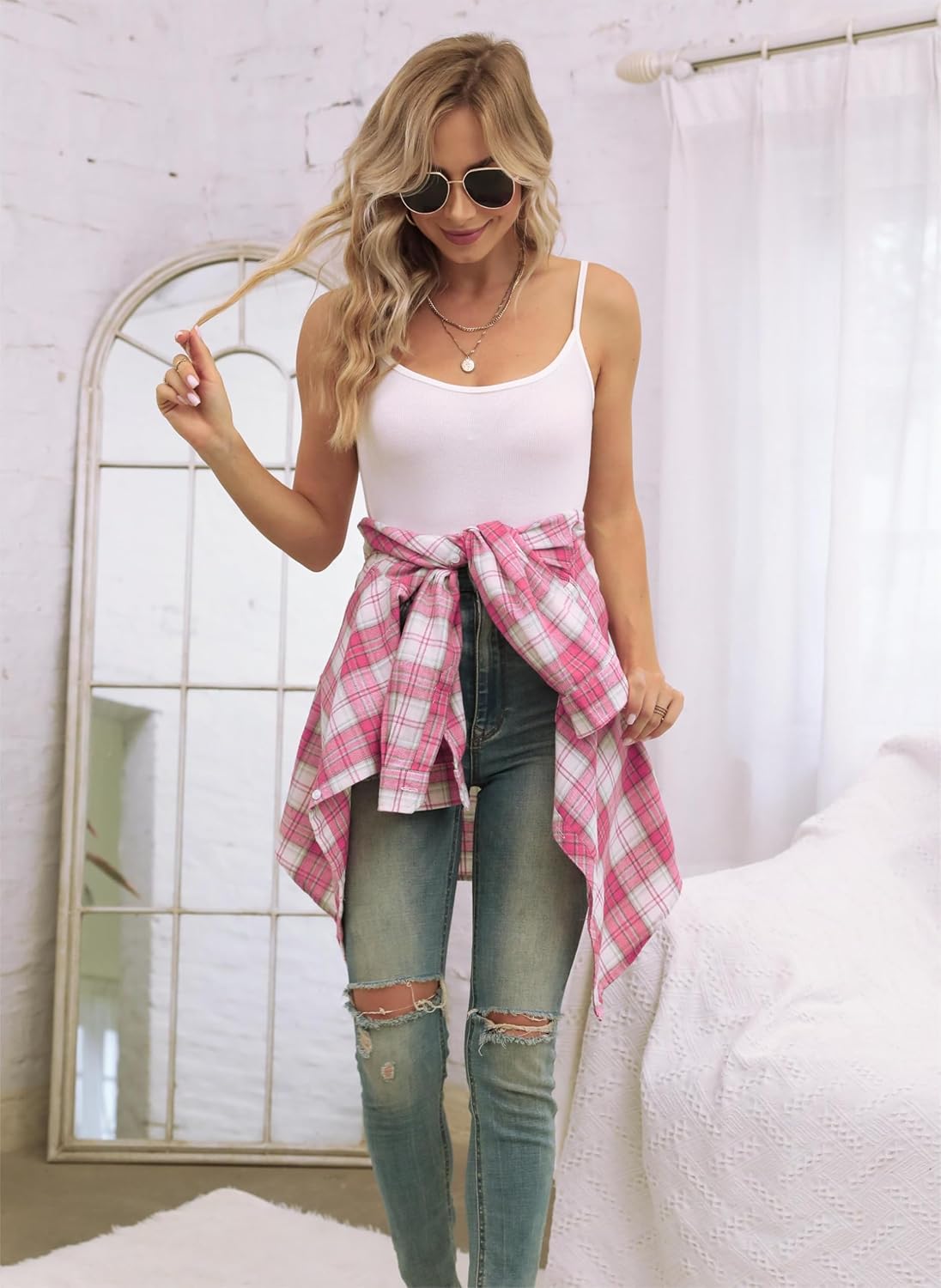 Betusline Womens' Flannel Plaid Shirt Button Down Long Sleeved Shirts - Image 7