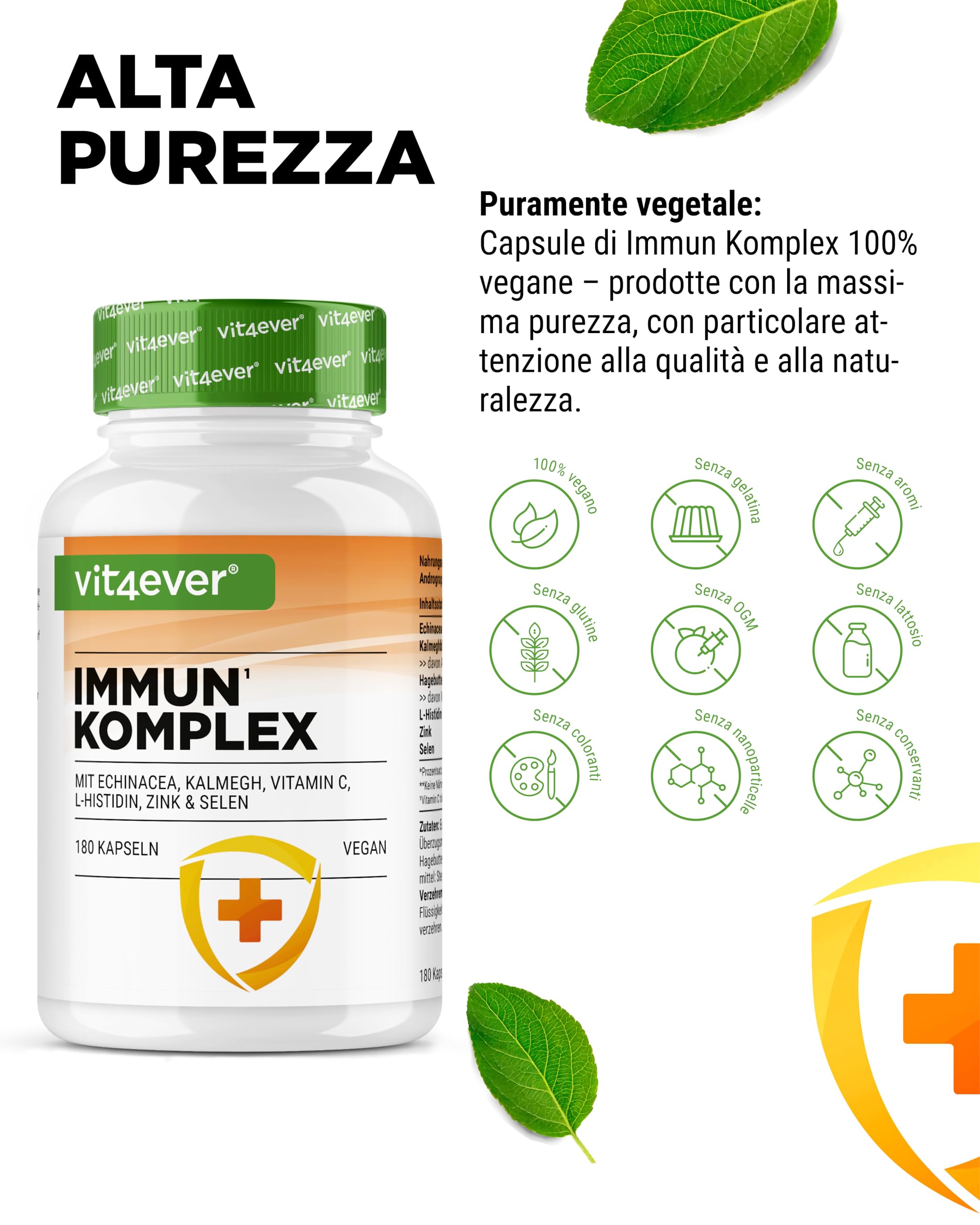 Sistema Immunitario Complex alto dosaggio - 180 Capsule per 90 giorni - 500 mg di Echinacea, Kalmegh, Rosa Canina, Vitamina C, L-Istidina, Zinco e Selenio - Vegano, senza additivi inutili