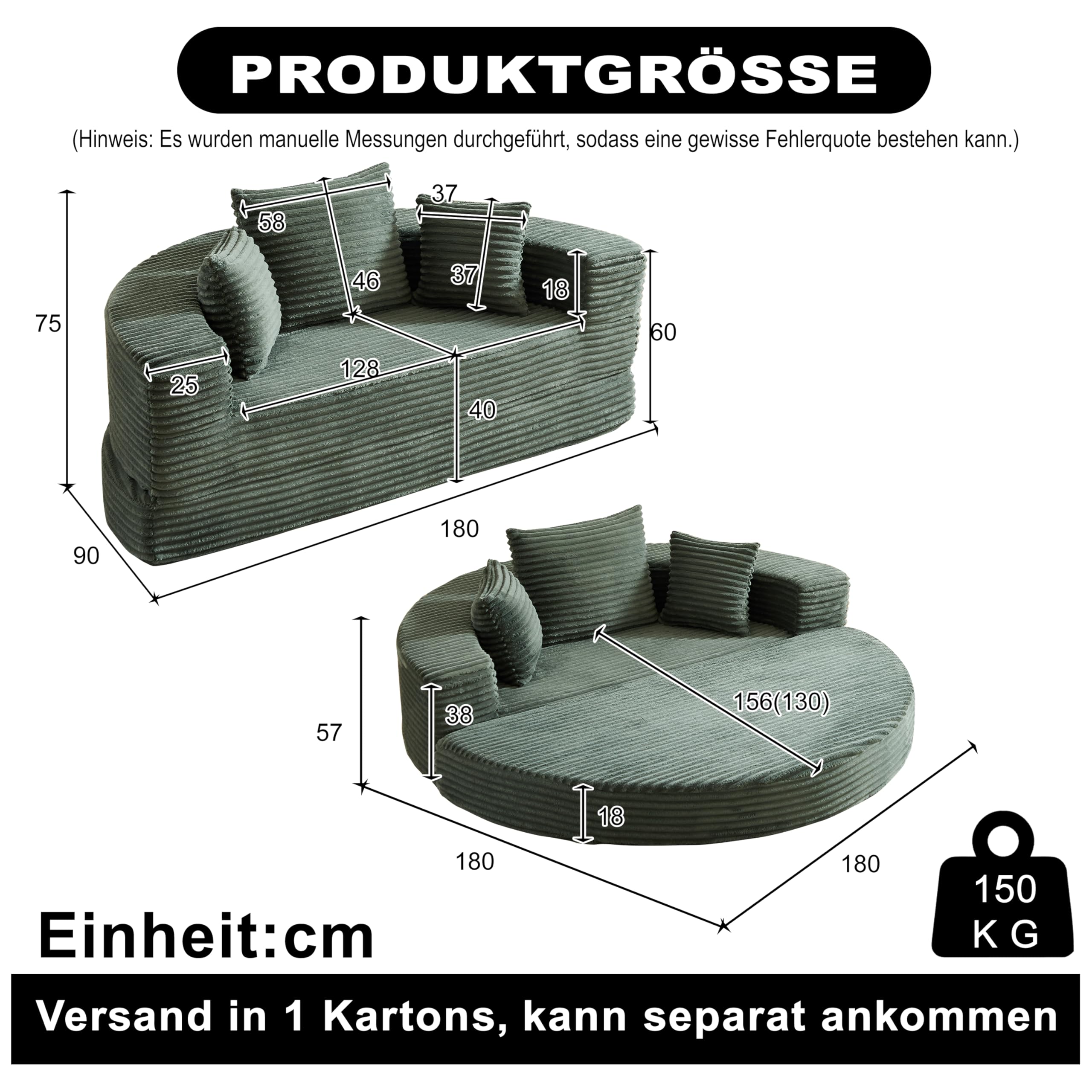 2-in-1 Schlafsofa Rundliege 180×180 cm, Faltbares Cordstoff Sofa Bett mit Kissen, Halbkreis Sofa zu Rundbett Ausziehbar, Boden Schlafsofa für Wohnzimmer, Balkon & Lounge (Grün)