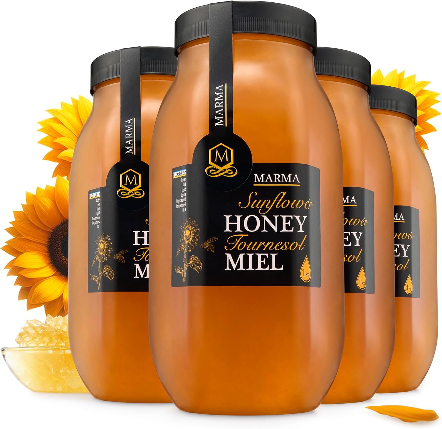 HONIGMAÂź Marma Sunflower Honey | Authentic Raw Honey from Ukraine | 100% Pure, Unpasteurized & Fully Crystallized | 1000g/35.2oz | Naturally Solid Texture | Pack of 4