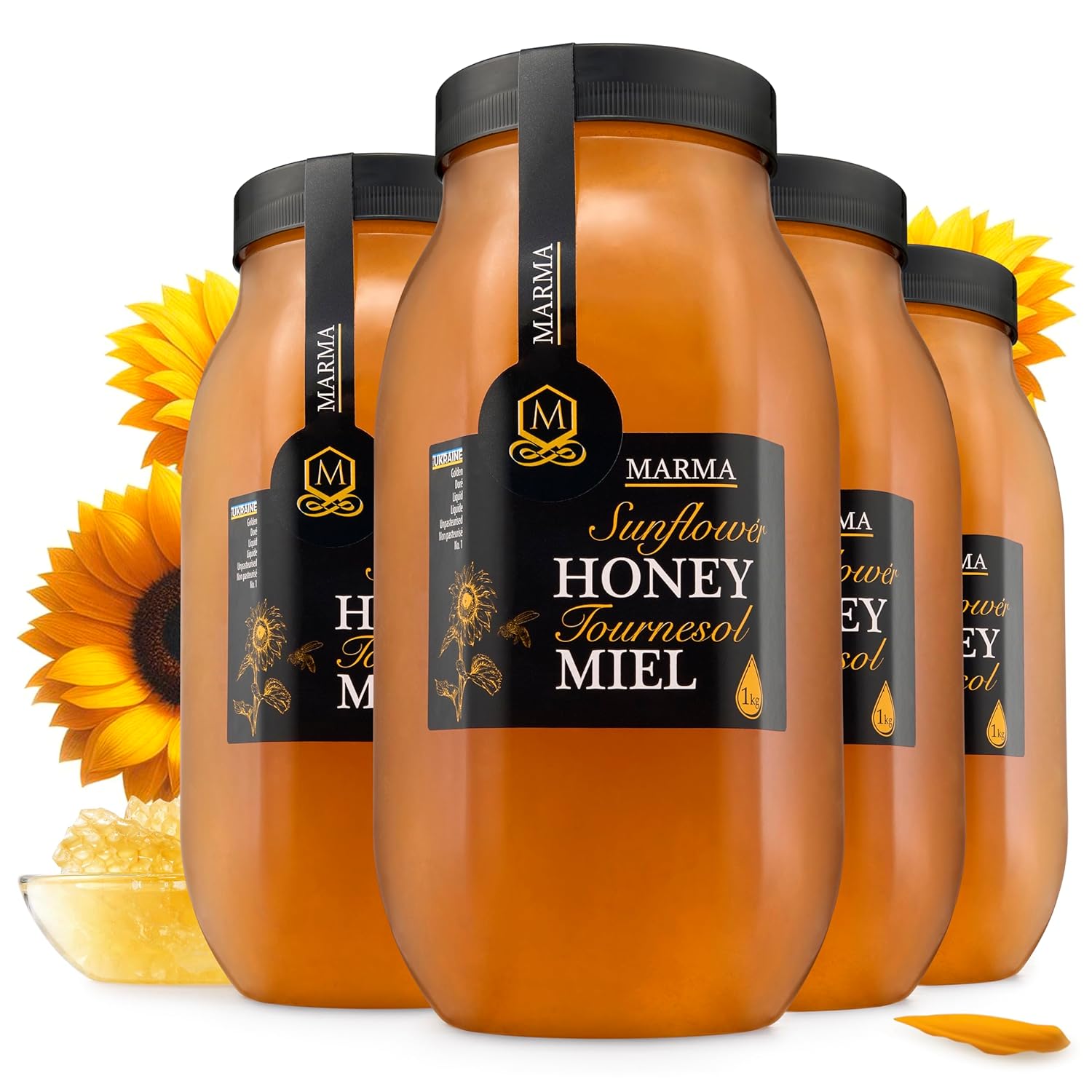 HONIGMA® Marma Sunflower Honey | Authentic Raw Honey from Ukraine | 100% Pure, Unpasteurized & Fully Crystallized | 1000g/35.2oz | Naturally Solid Texture | Pack of 4