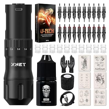 Tattoo Gun Kit - Xnet Rotary Tattoo Pen with 7 Adjustable Strokes, 1600mAh Battery, 20Pcs Cartridge Needles, Complete Tattoo Supplies for Beginners