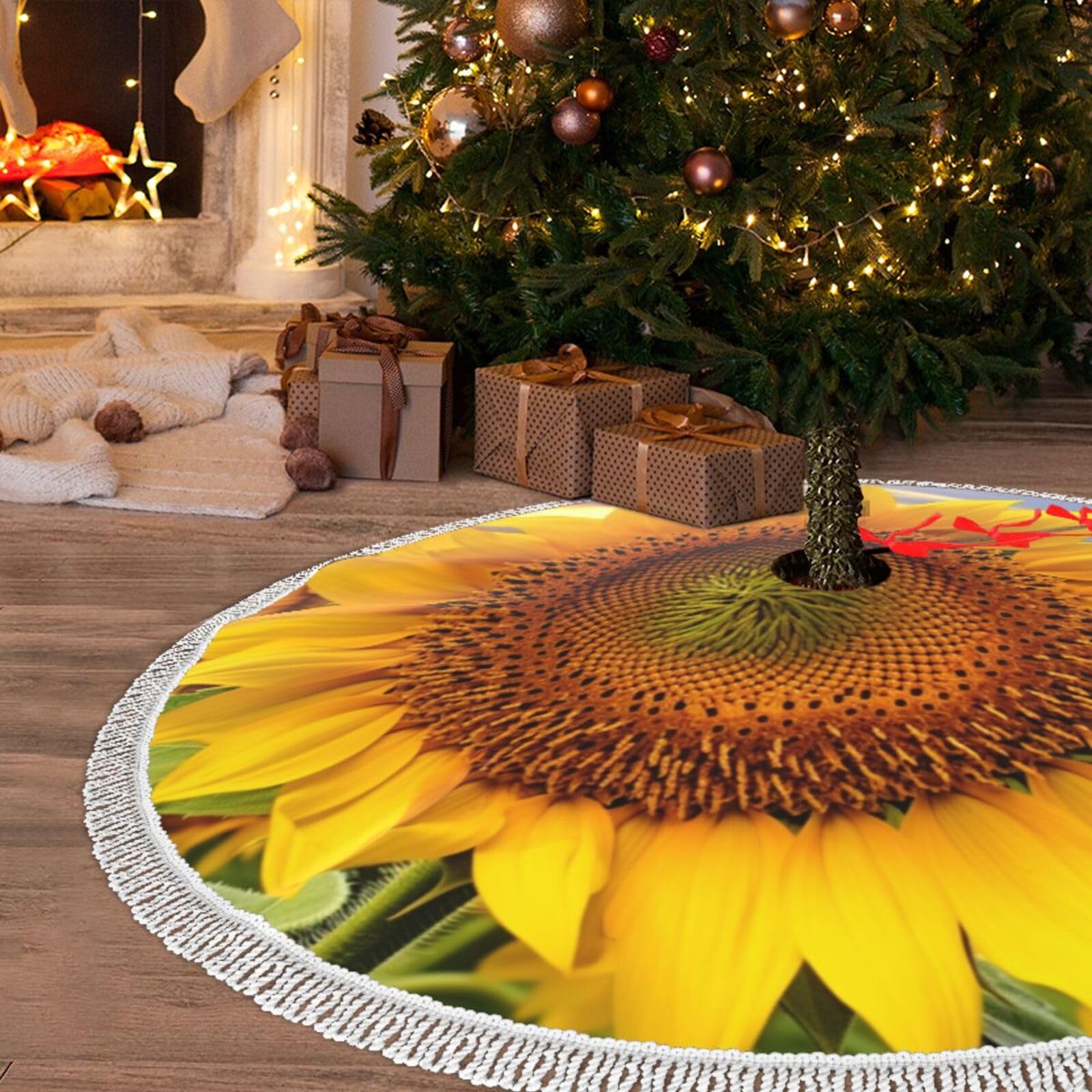 Jupe de sapin Noël imprimé tournesol jaune grand format