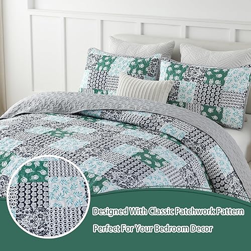 Miniatura 8 de Juego de edredón verde tamaño King, juego de colcha reversible de 3 piezas, juego de ropa de cama de microfibra suave y ligera para todas las