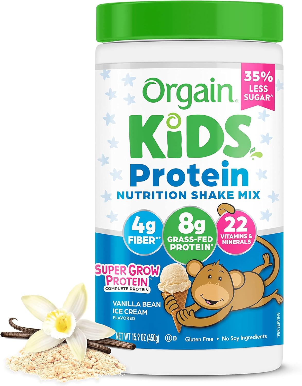 Orgain Kids Protein Powder Shake Mix, Vanilla Bean Ice Cream - 8g Grass-Fed Dairy Protein, 4g Fiber, 22 Vitamins & Minerals, Gluten Free, No Soy Ingredients, Adds Healthy Nutrients to Kids Snacks, 1lb