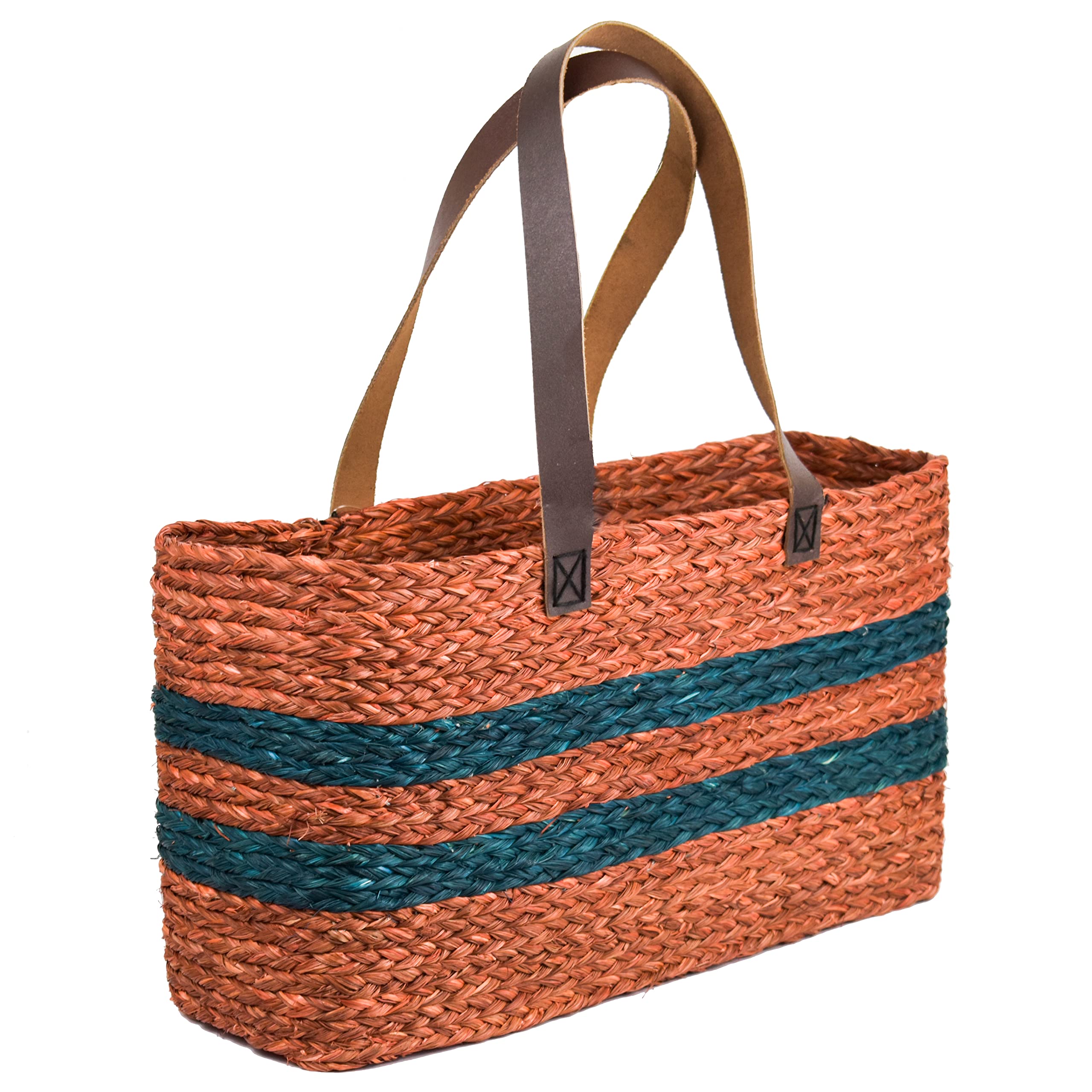 KADAM HAAT Shopper Bag With Leather Handle | Sabai Grass Handmade Stylish Eco-Friendly Multipurpose Leather Tote Handbag For Women | Suitable For Travel Or Work (Orange & Indigo) (B0B8W5ZWC3) Amazon Price History, Amazon Price Tracker