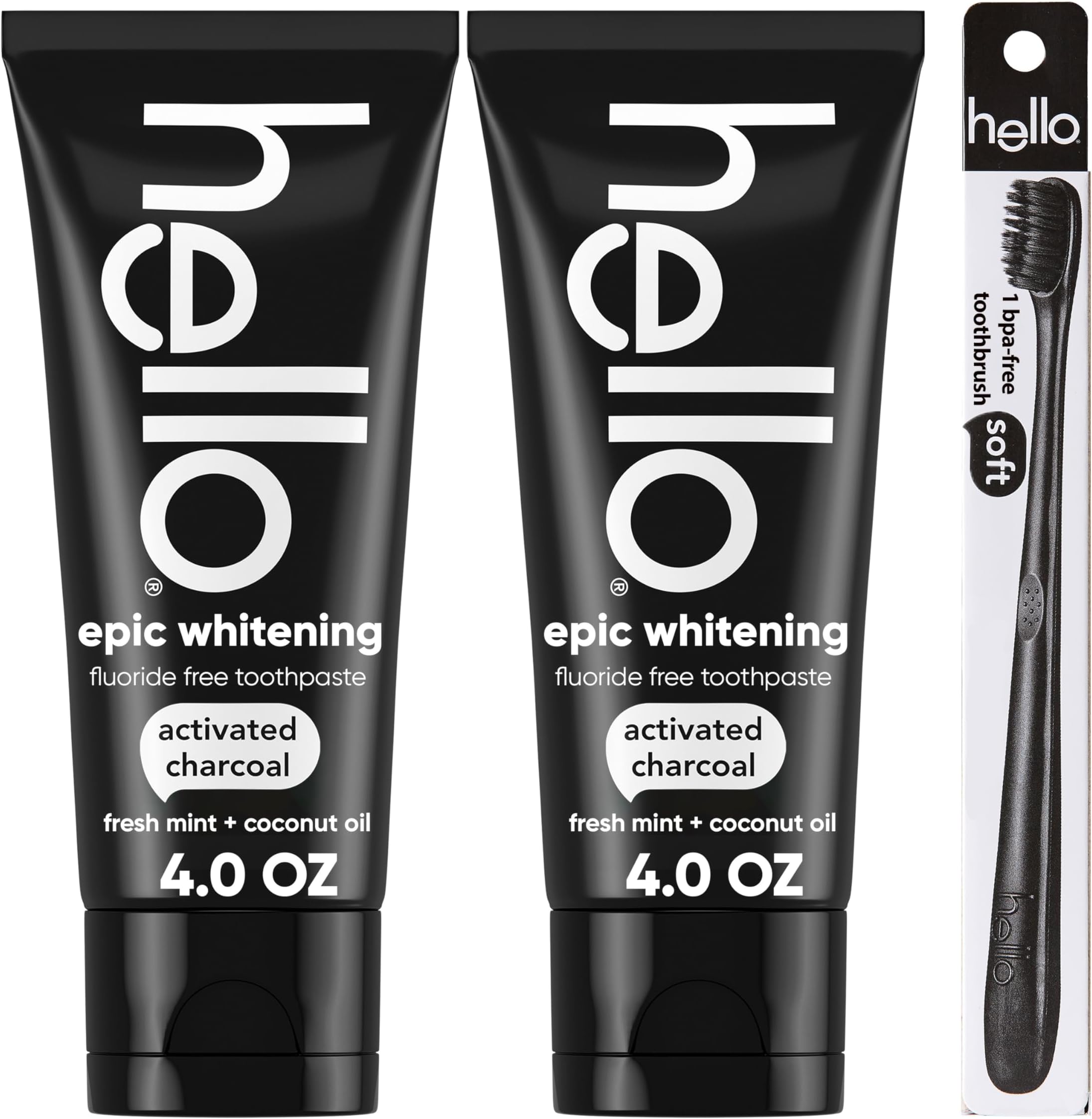 Hello Activated Charcoal Epic Teeth Whitening Fluoride Free Toothpaste and Toothbrush, Fresh Mint and Coconut Oil, Vegan, SLS Free, Gluten Free and Peroxide Free, 4 Ounce (Pack of 2)