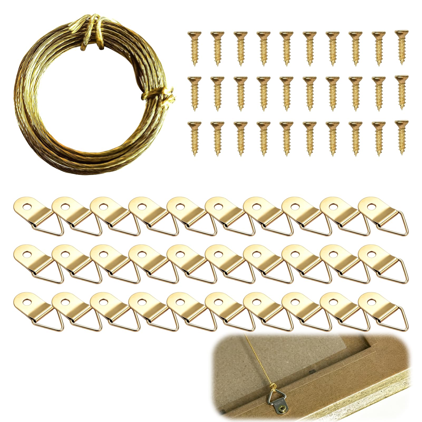 Picture Hanging Wire, Picture Wire and Picture Frame Wire Kit with 7 Strand Brass Cord, 30 Triangular Hangers and Screws for Wall Art and Photo Frames, 10 Metre Golden Hanging Set