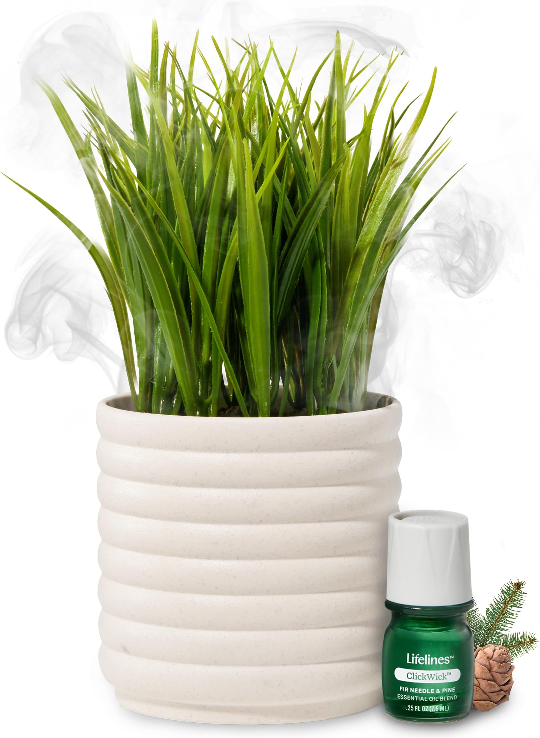 Lifelines Plant Diffuser with Modern Planter, Grass - Rechargeable Aromatherapy Diffuser, Artificial Faux Plants Home & Office - ClickWick Essential Oil Blend Included