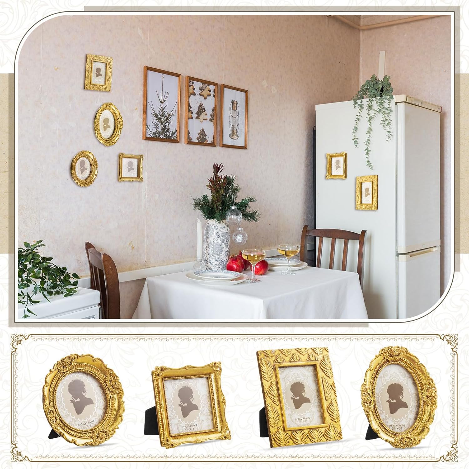 Vicenpal 4 Pcs Small Gold Picture Frames Vintage Mini Photo Frames Oval Baroque Antique Ornate Decor Rectangle for Gallery Hotel Wall Jewelry Photo Tabletop Display, 2.5x3.5 Inch, 3x3 Inch(Relief)