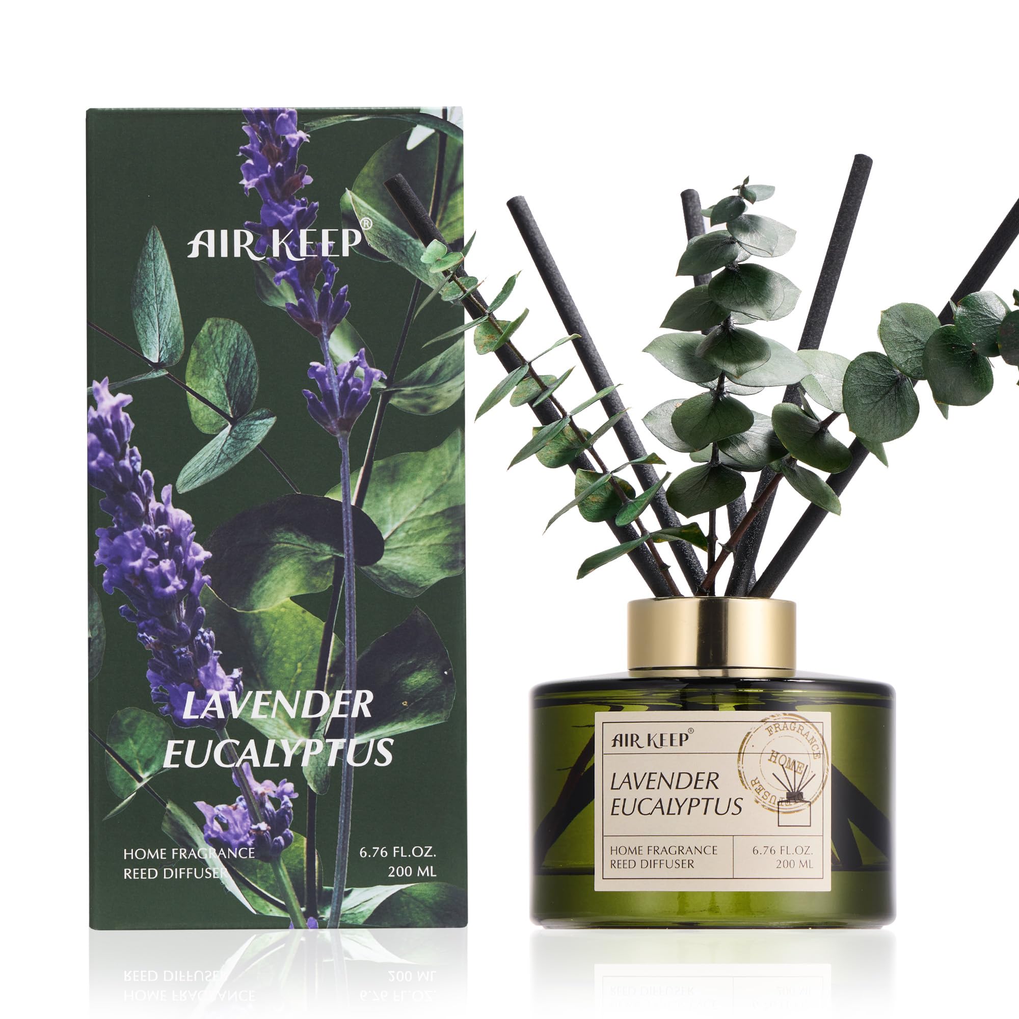 Airkeep Reed Diffuser Set Lavender Eucalyptus Scent for Bathroom Accessories Shelf Decor & Air Fresheners, Sticks Defusers with 6.76 fl oz Essential Oils & Leaves, House Bedroom Office Decor & Gifts