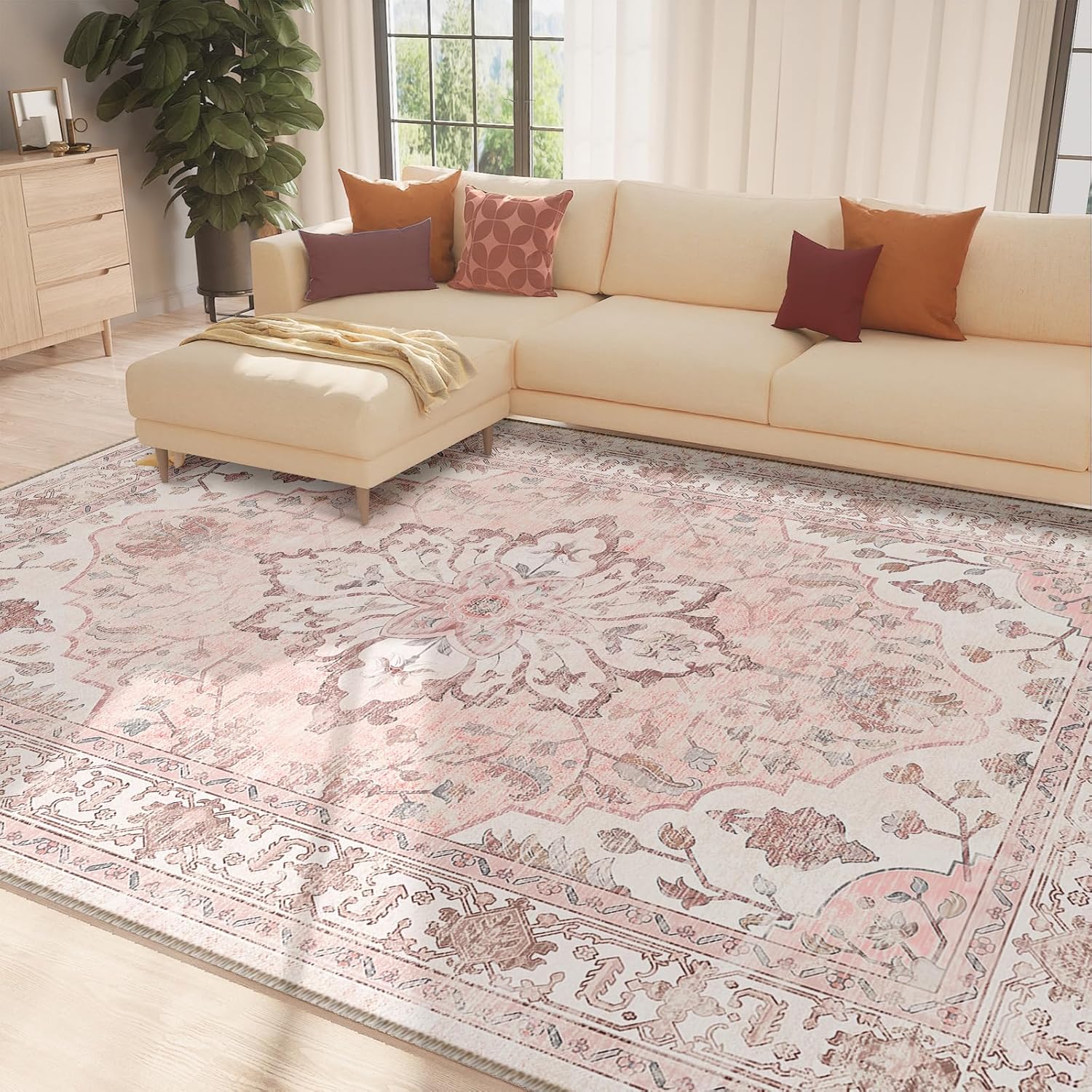 8x10 Area Rugs 8x10, Washable Rug, Non-Slip, Rugs for Living Room, Kitchen Rugs, Rugs for Bedroom Entryway Rug, Vintage Rugs Boho Floral Medallion, Low Pile, Soft,Pink Blush greypink Pink 8x10