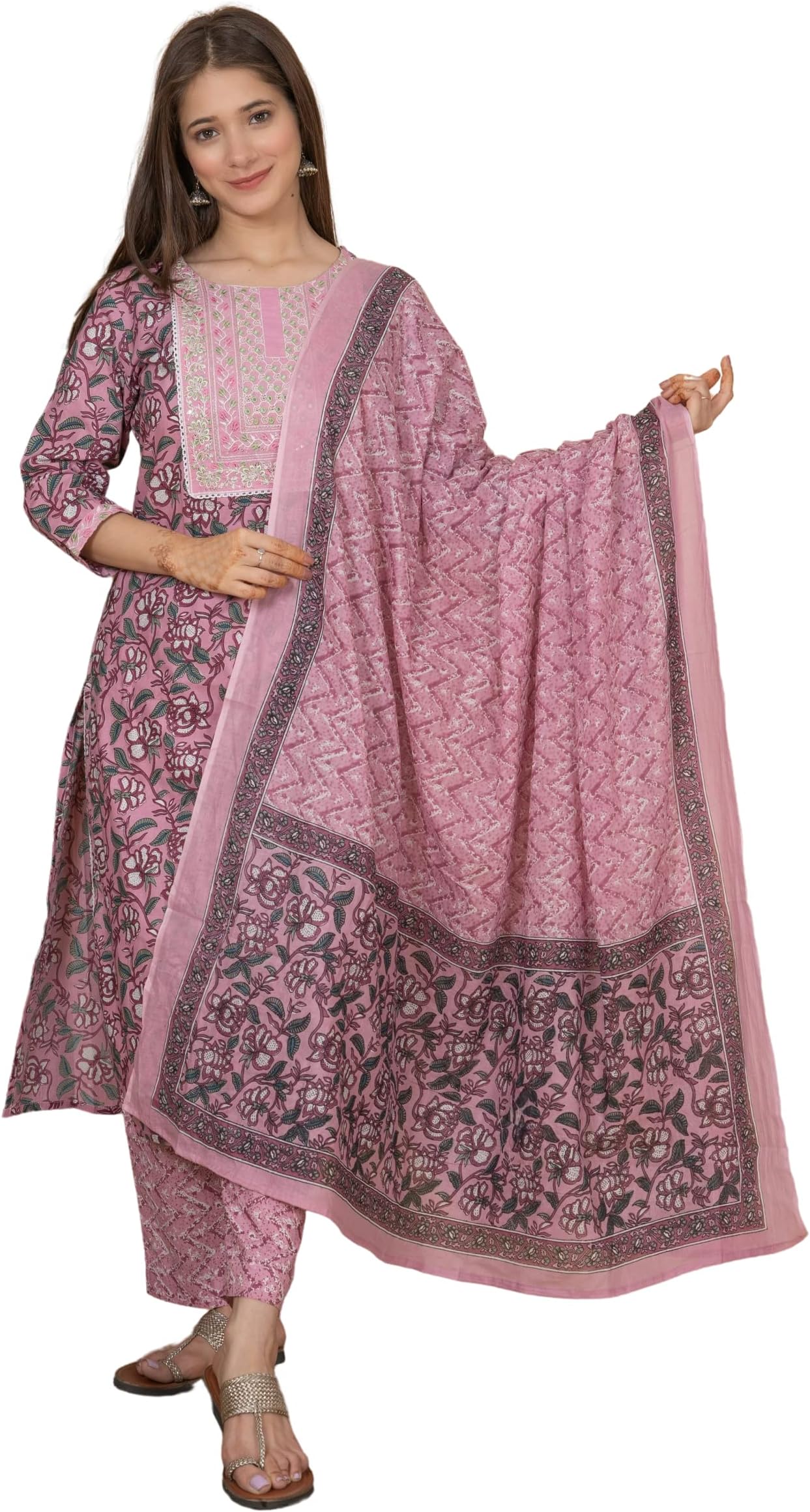 Meera Fab Women's Cotton Printed Grey Printed Straight Embroidery Kurta With Palazzo & Dupatta