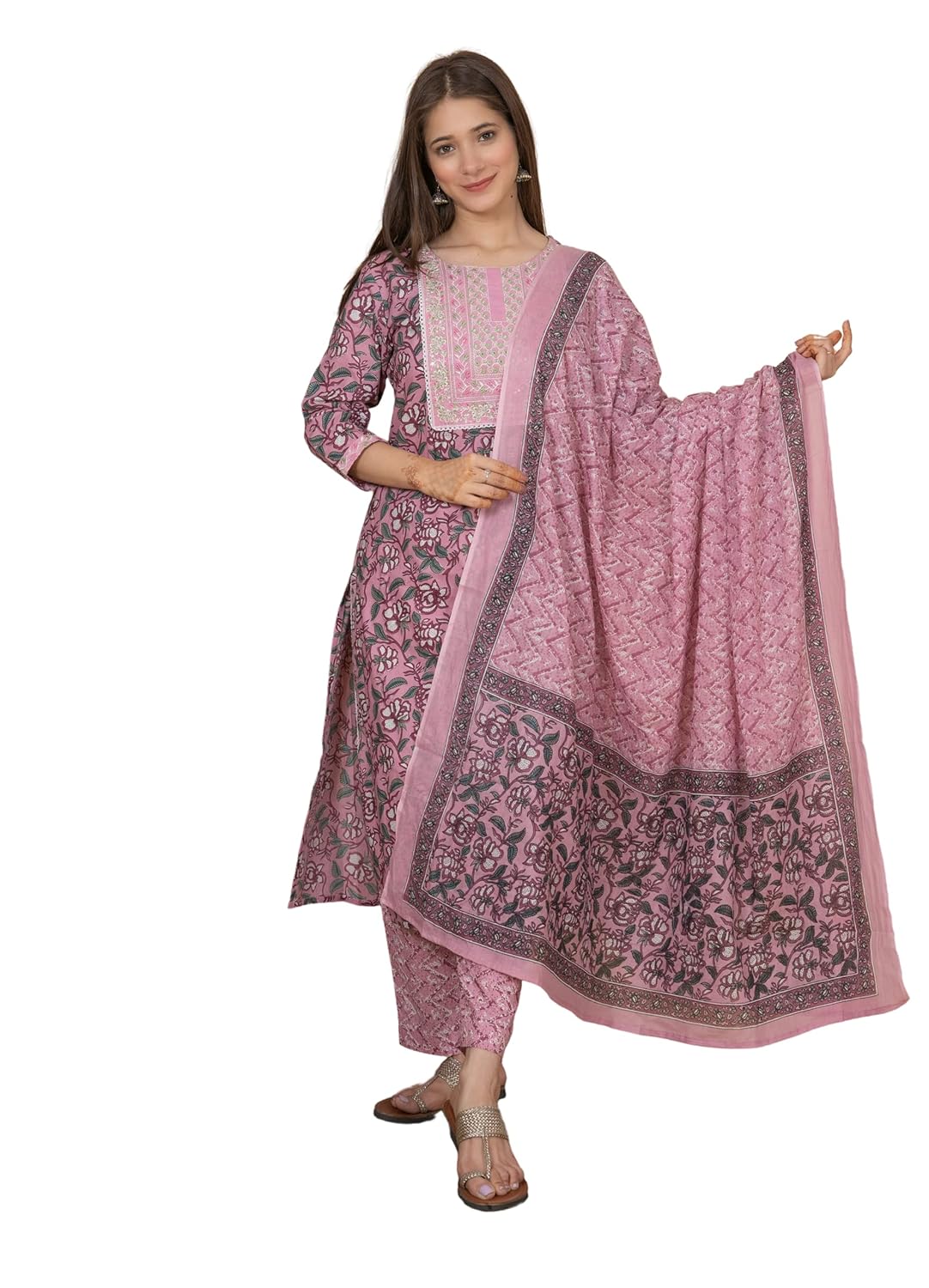 MEERA FAB Women’s Cotton Printed Printed Straight Embroidery Kurta With Palazzo & Dupatta Set