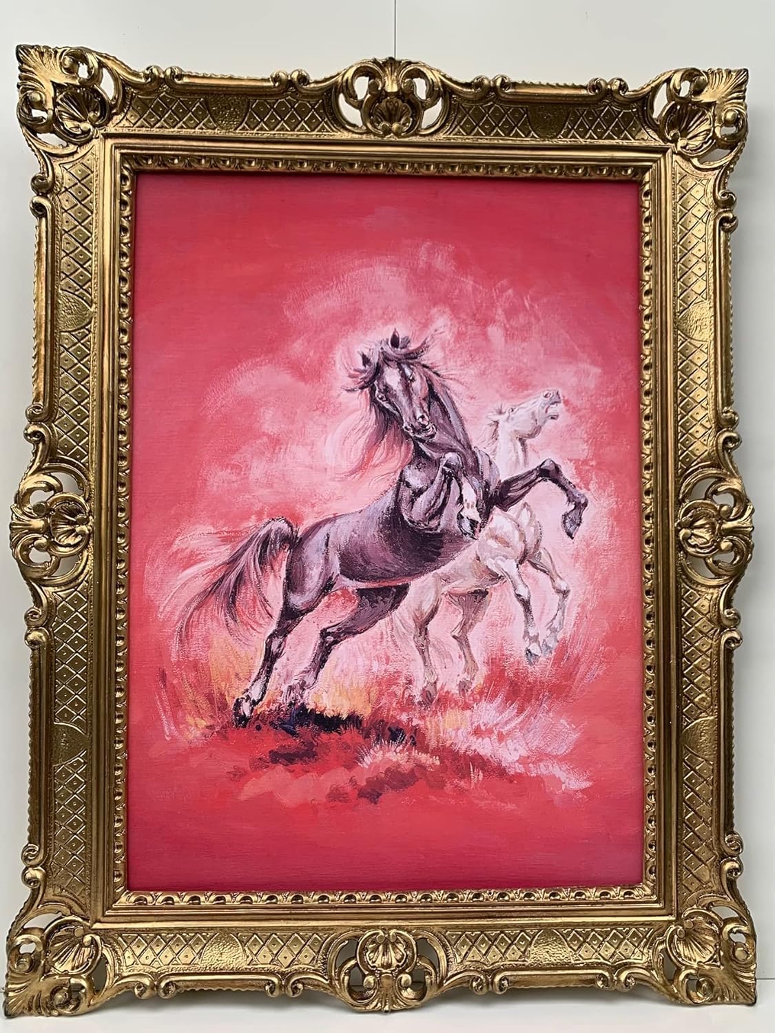 Tableau chevaux sauvages rouge 90x70 cm grand cadre photo baroque