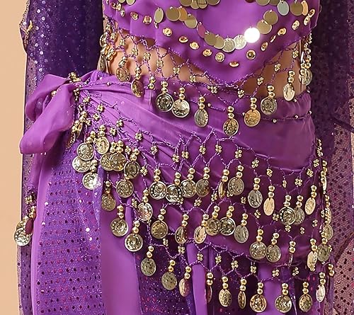 Miniatura 4 de WAYDA Bufanda de cadera para Danza del Vientre, bufanda de danza del vientre para mujer, con 128 monedas color Oro, faldas para danza del vientre,