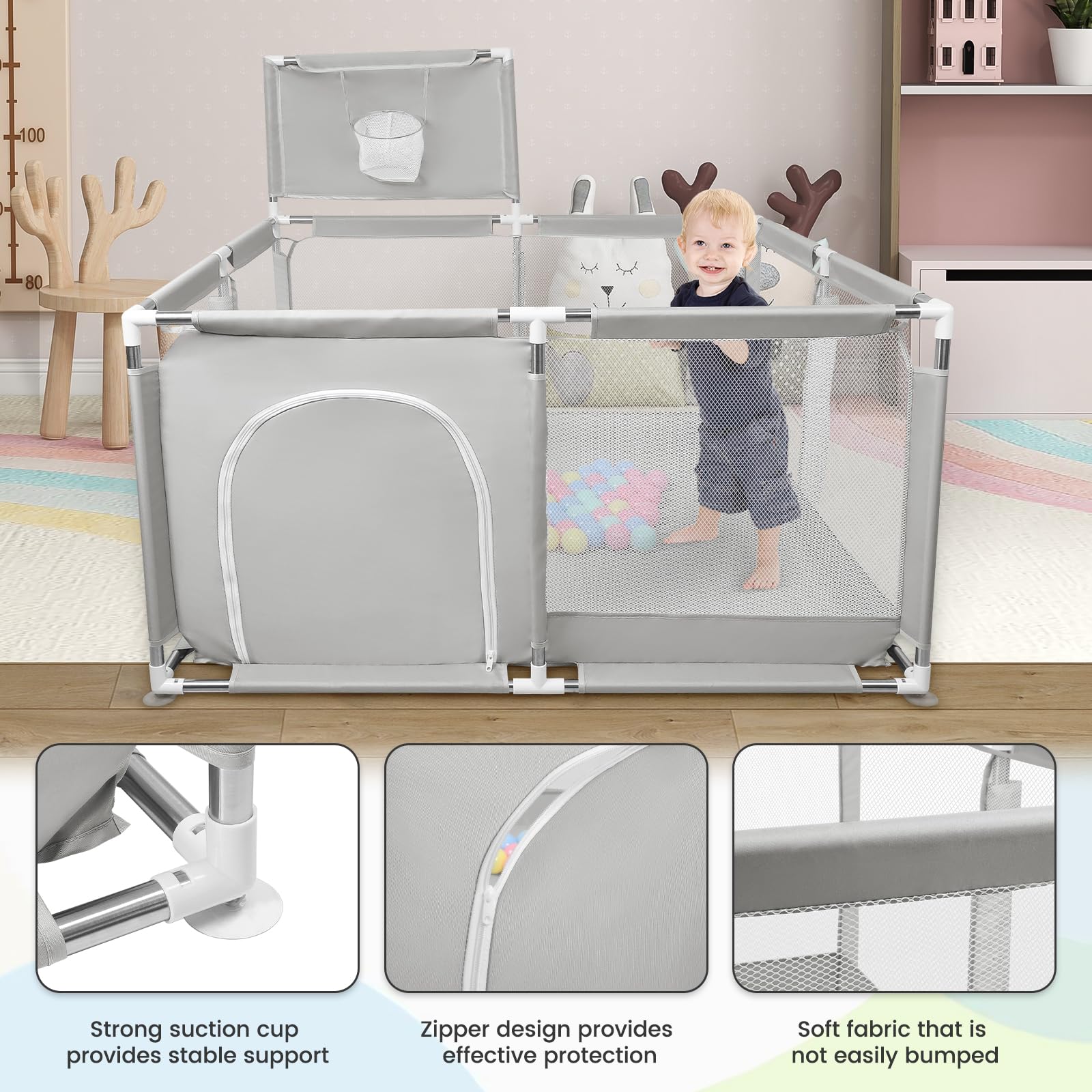 Parc Bebe, Parc Bébé Avec Tapis, Parc Bébé en Tissu Oxford, Petit Parc Enfant avec Barrières, Parc De Jeux Bébé pour Appartement Avec Balle-126 * 126 * 66 cm-gris clair