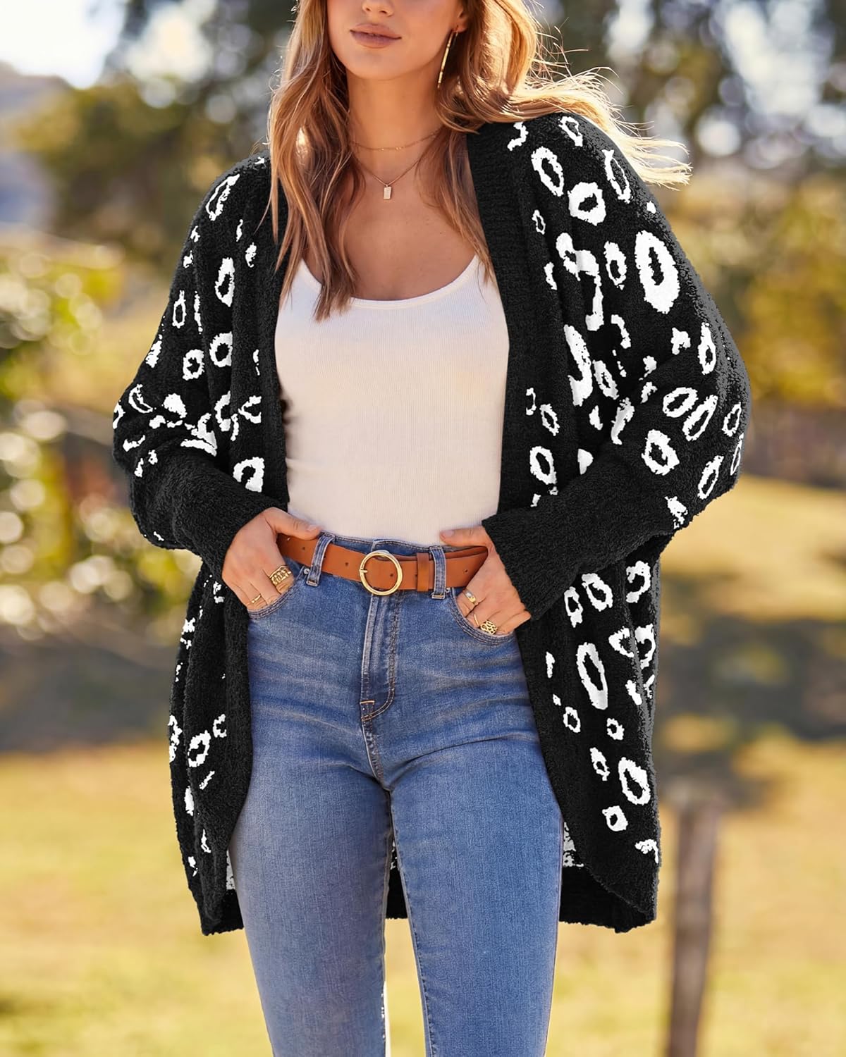 BTFBM Leopard Cardigan for Women Long Sleeve Open Front Cardigans Sweaters Pockets Loose Knit 2026 Fall Spring Outwear - Image 4