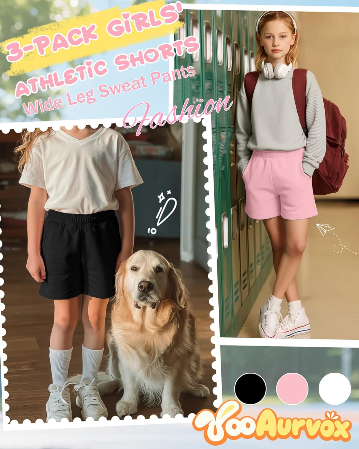 3 Pack Girls Athletic Shorts 5-14 Years Kids Elastic Waist 2 Side Pockets Loose Fit Casual Wide Leg Sweat Pants