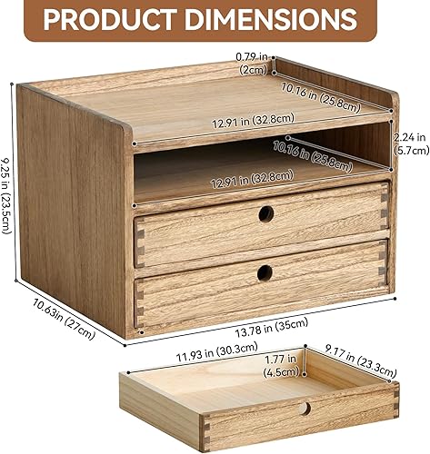 Miniatura 2 de KIRIGEN Gabinete organizador de escritorio con 2 cajones y bandeja, estante de almacenamiento de escritorio de oficina de madera para suministros de