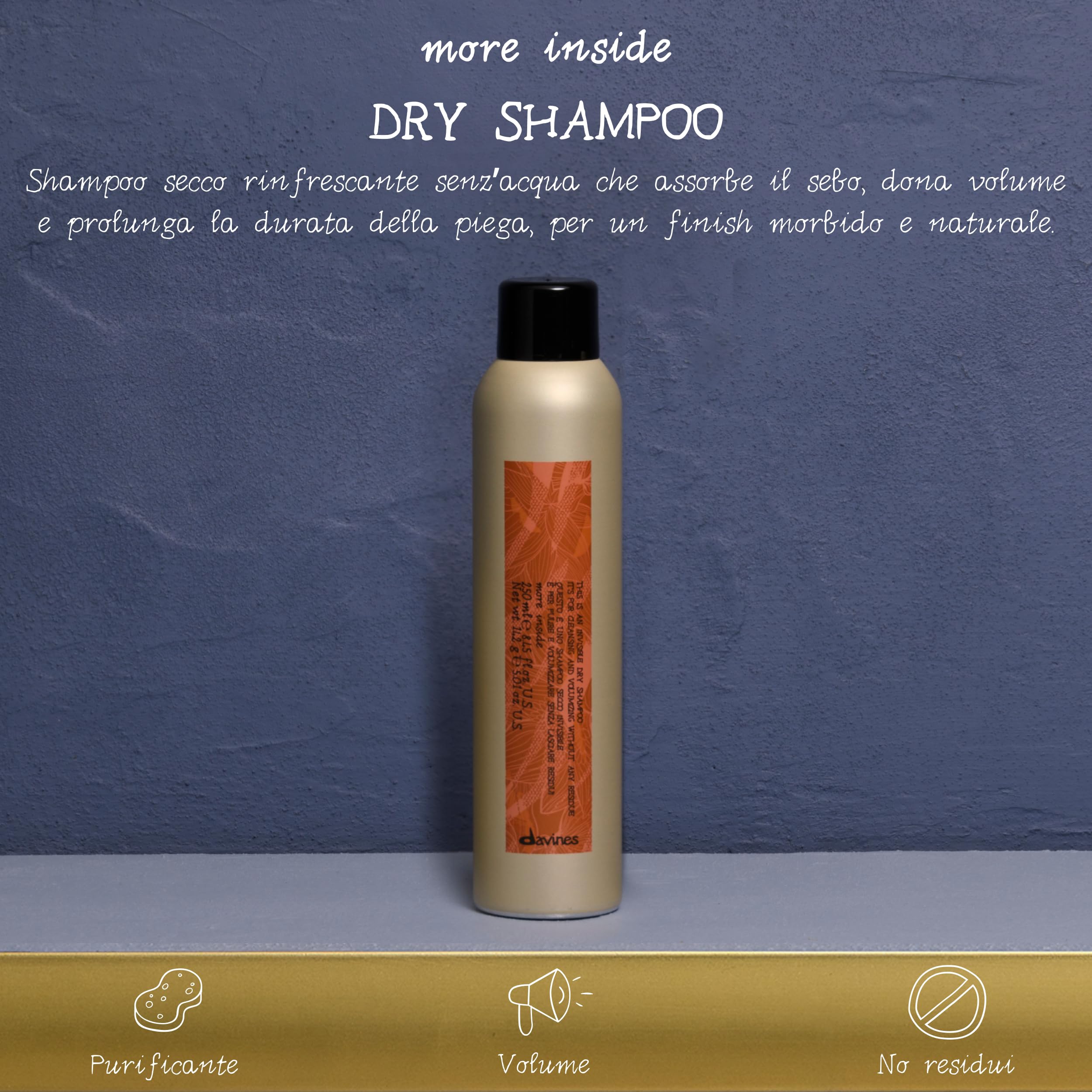 Davines Dry Shampoo - Shampoo secco detergente senza utilizzo di acqua - Assorbe il sebo in eccesso - Dona corpo immediato ai capelli - 250 ml