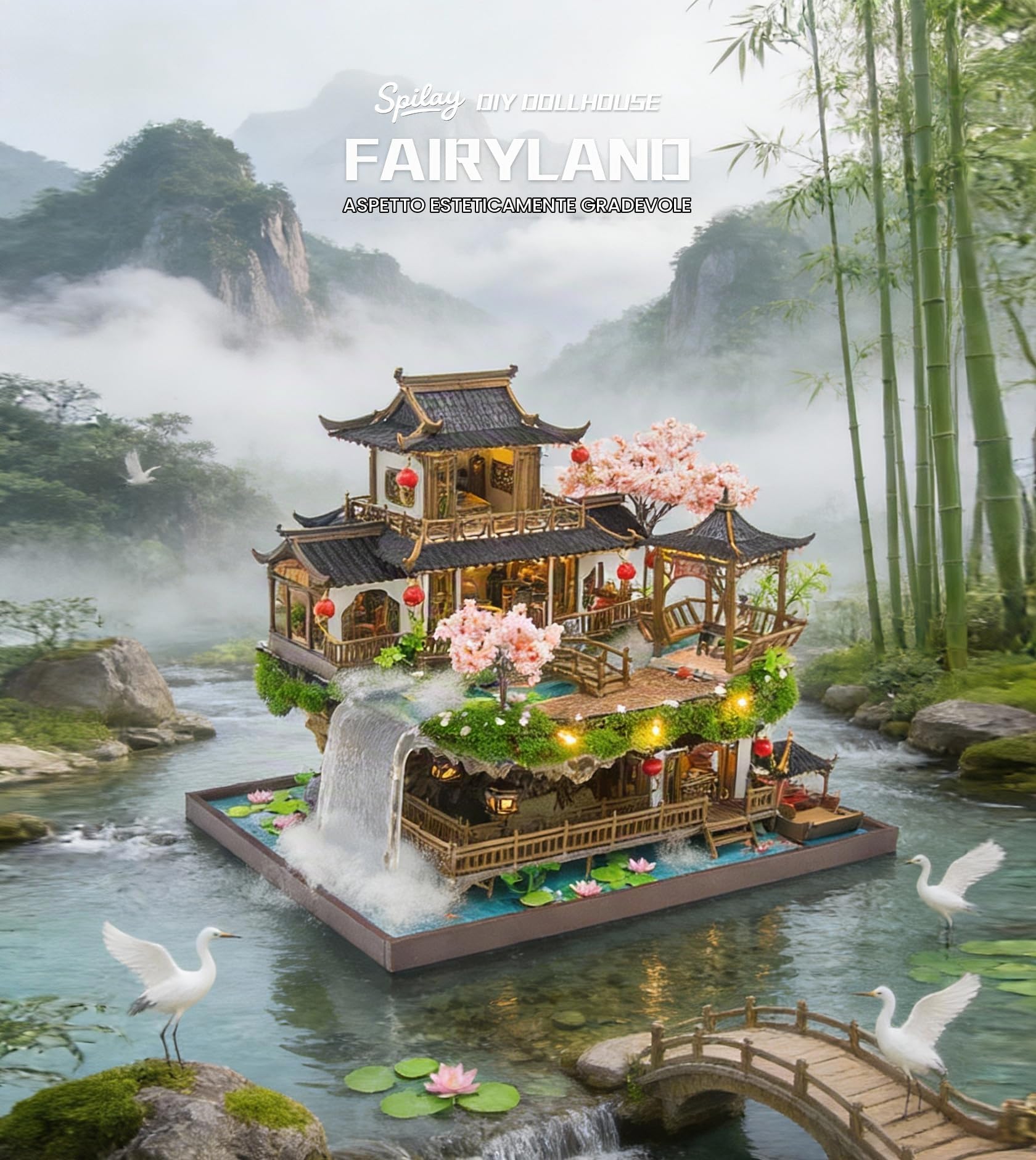 Spilay Fairyland Casa Miniatura DIY in Legno con Luce LED, Kit Casa delle Bambole 3D Puzzle per Adulti, Paesaggio Orientale con Cascata e Giardino Cinese, Decorazione Creativa