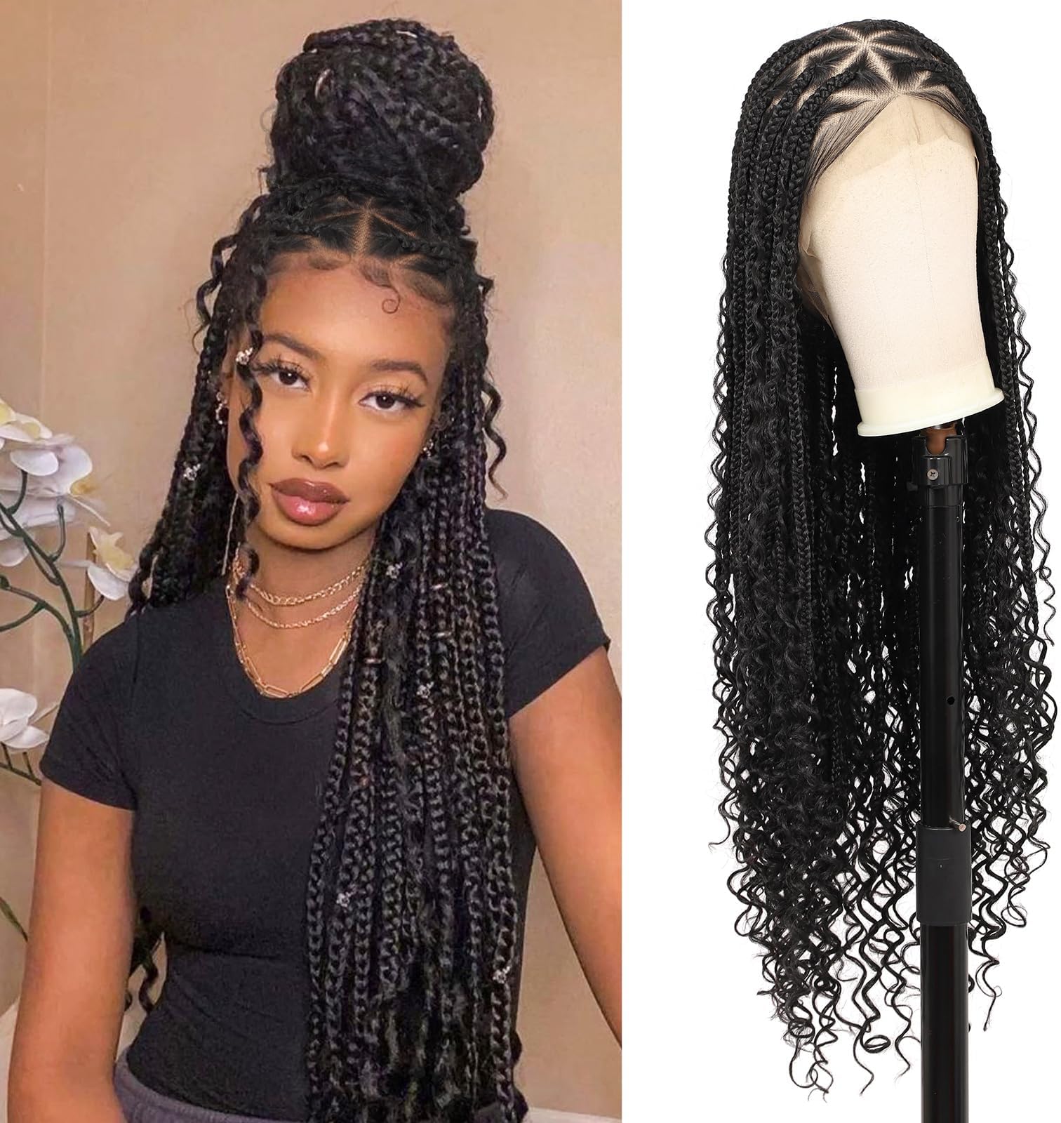KERNORV360° HD Full Lace Knotless Braided Wigs for Women Boho Braided Wigs with Curly Ends Full Lace Box Braid Wig with Baby Hair Human Hair Blended Lace Front Braid Wig 36" Black