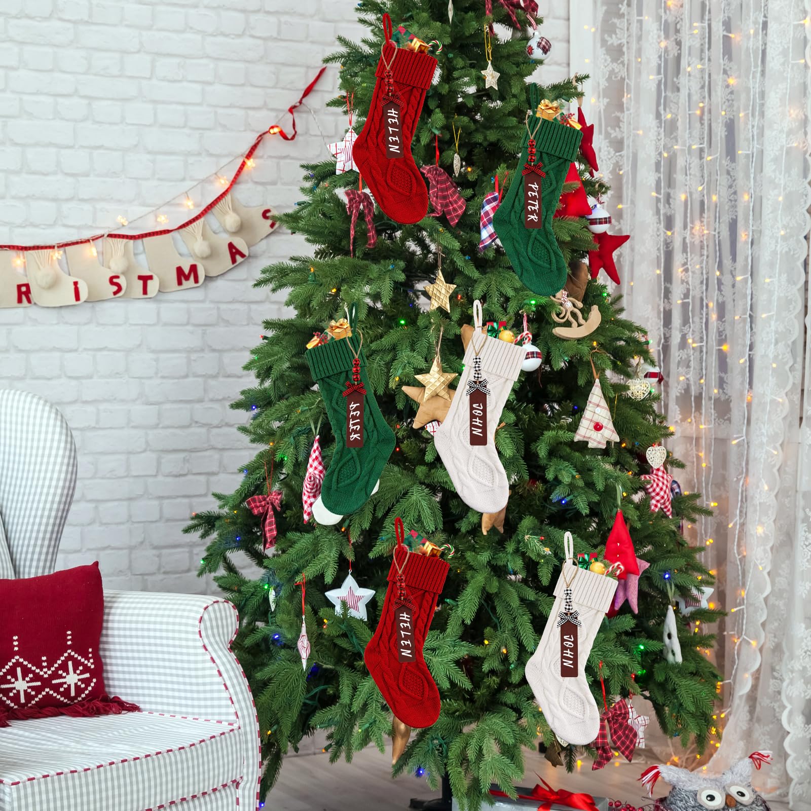 Lot de 6 chaussettes de Noël en tricot torsadé avec étiquettes nominatives pour les fêtes, Noël, décoration familiale (rouge, blanc, vert) - 45,7 cm