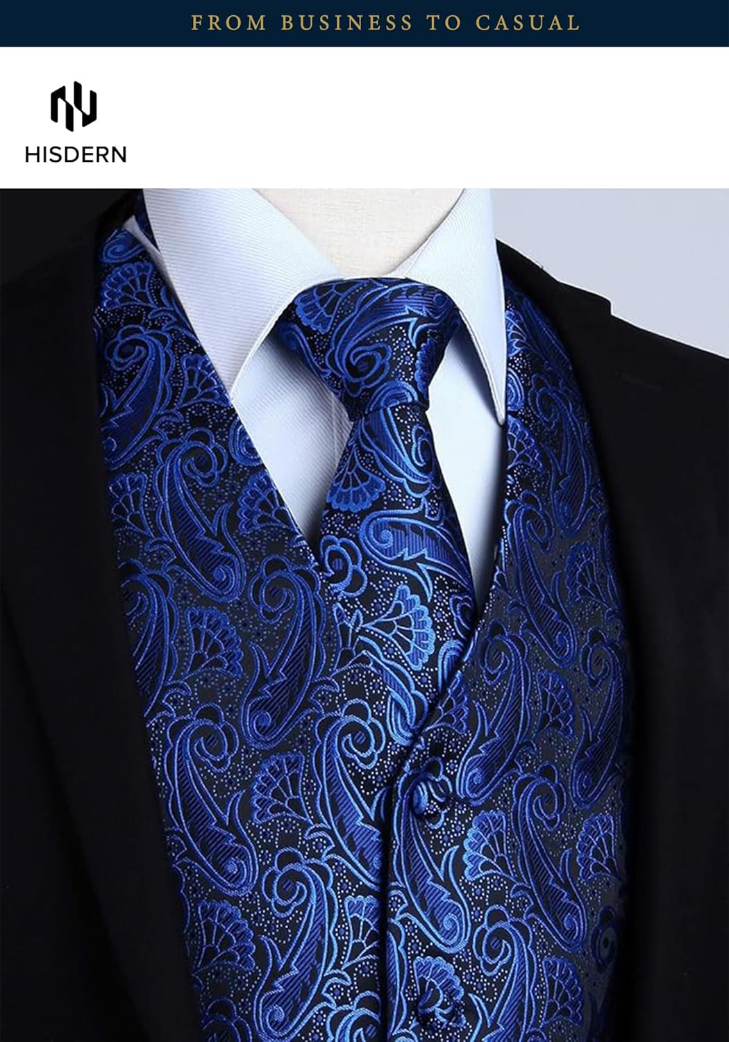HISDERN V3-01 Men's 3PCS Formal Vest Set Slim Fit Jacquard Waistcoat with Paisley Floral Pattern for Wedding Prom Party - Image 4