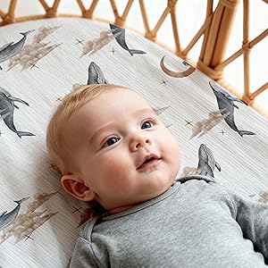 Gllquen Baby Muslin Bassinet Sheets 3 Pack, Breathable Elastic Cozy Fitted Cotton Bassinet Mattress Sheet for Baby Boy Girls, Fit for Hourglass Oval Rectangular Cradle Pad Sheets 33"x17" (Whale)