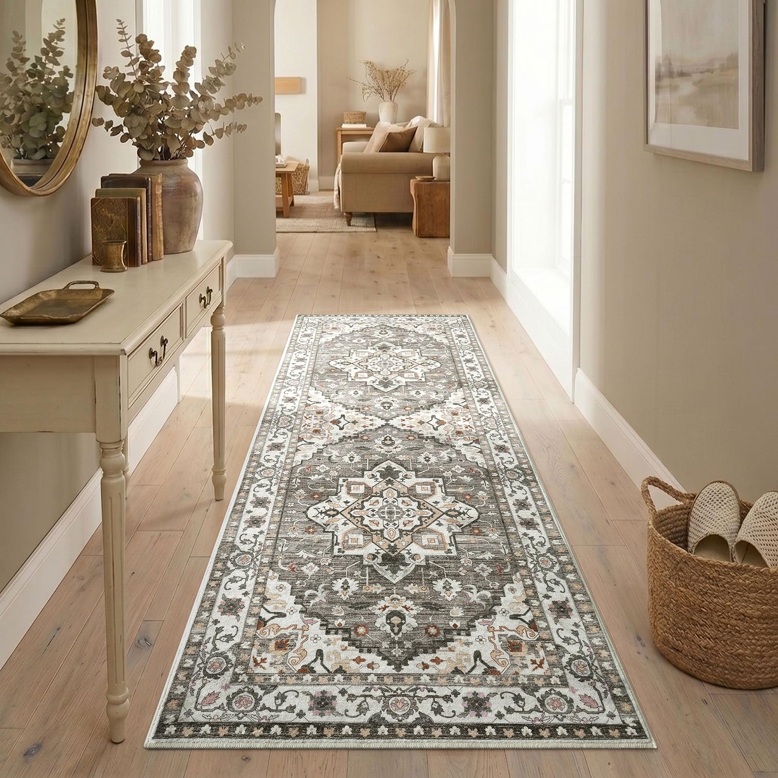Homaxy Vintage Runner Rugs for Hallway Washable Anti Slip Rug Low Pile Boho Lounge Carpet for Bedroom, Nursery, Kitchen - 60 x 240 cm, Accent Taupe