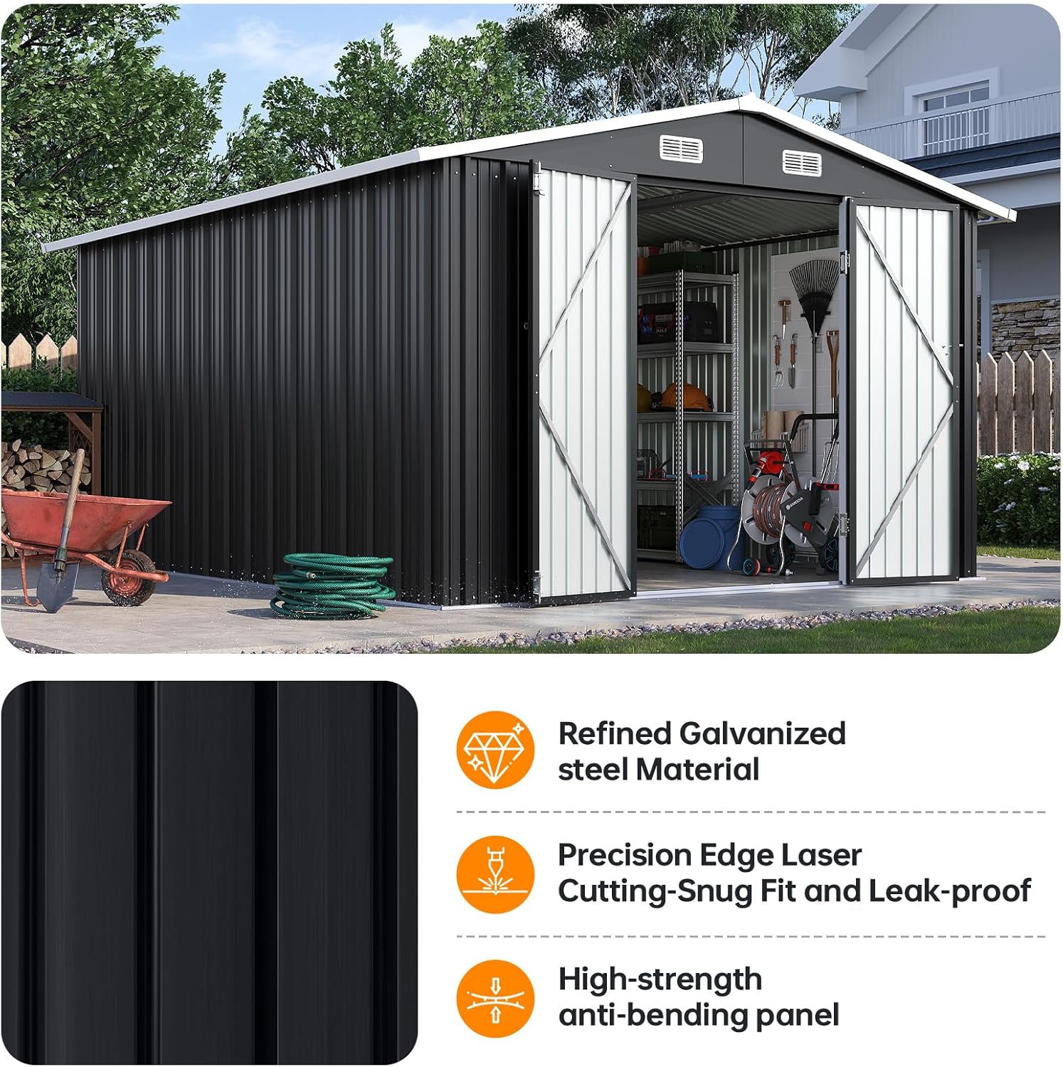 10x12FT Outdoor Storage Shed, Metal Garden Shed with Lockable Double Doors & Sloping Roof, Weather-Resistant Tool Shed for Backyard, Patio, Poolside Black
