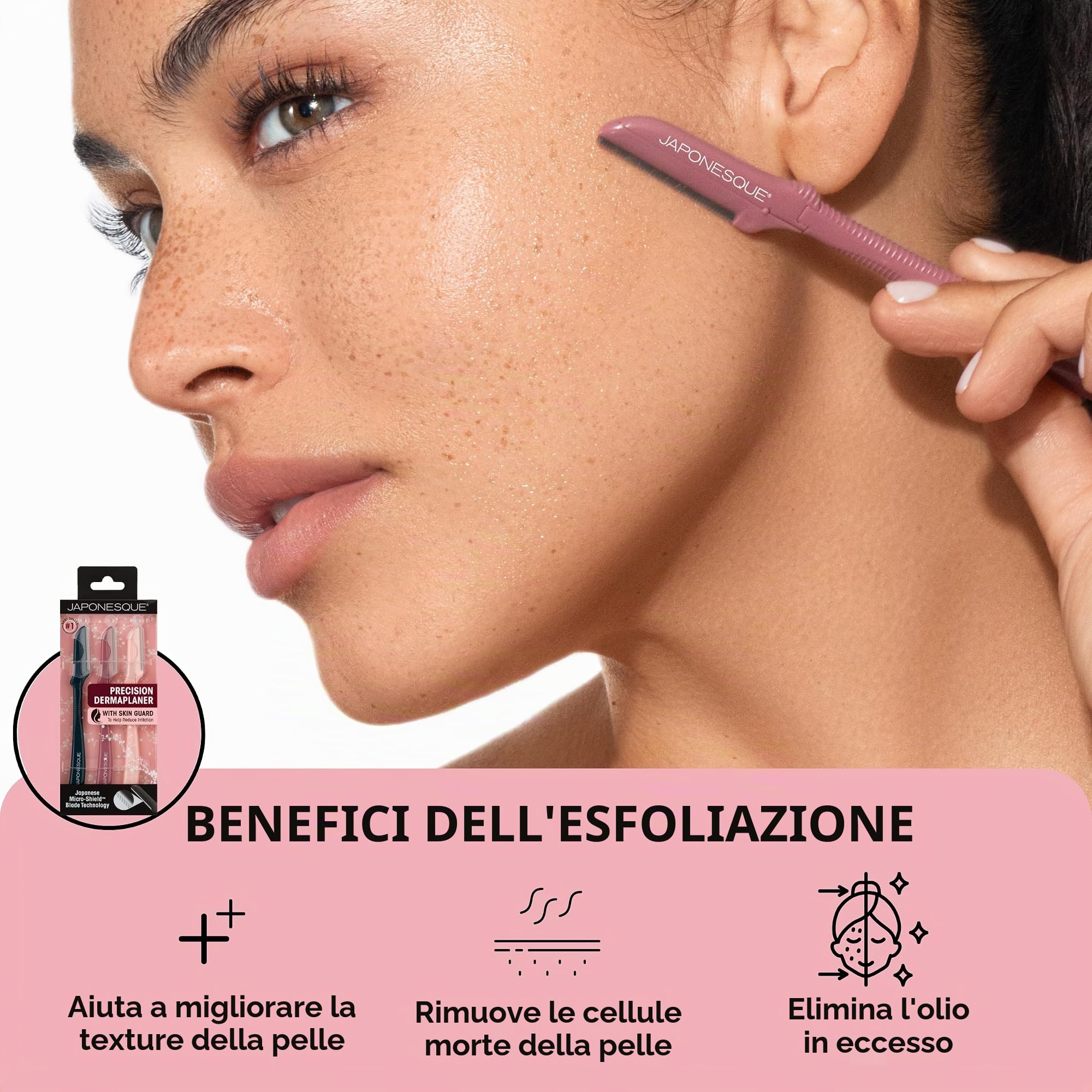 Japonesque Dermaplaner rasoi per il viso per l'esfoliazione e la rimozione dei peli, aumenta l'assorbimento di siero e crema idratante e la luminosità della pelle