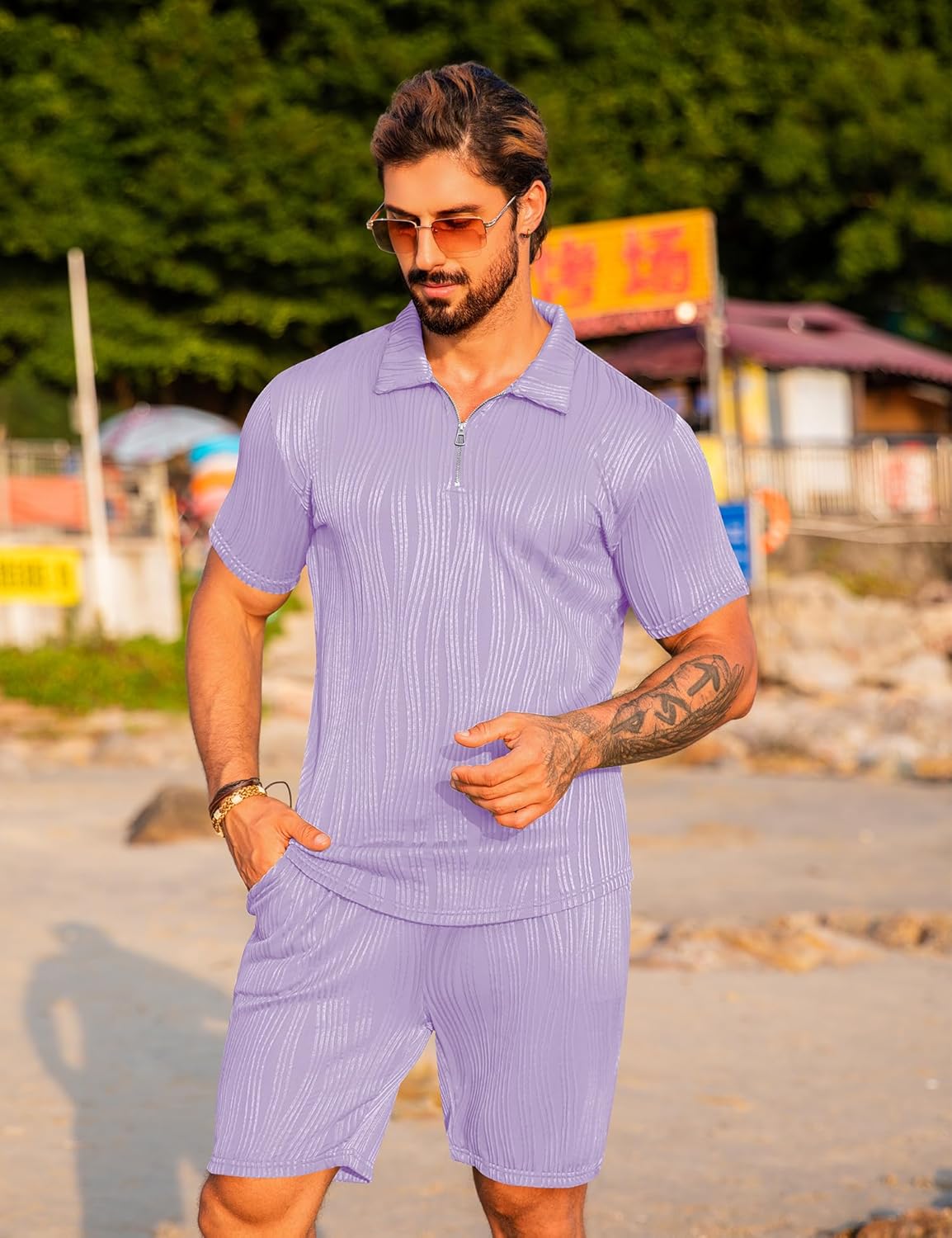 URRU Men's 2 Piece Short Set Summer Outfits Fashion Casual Short Sleeve Polo Shirt and Short Set