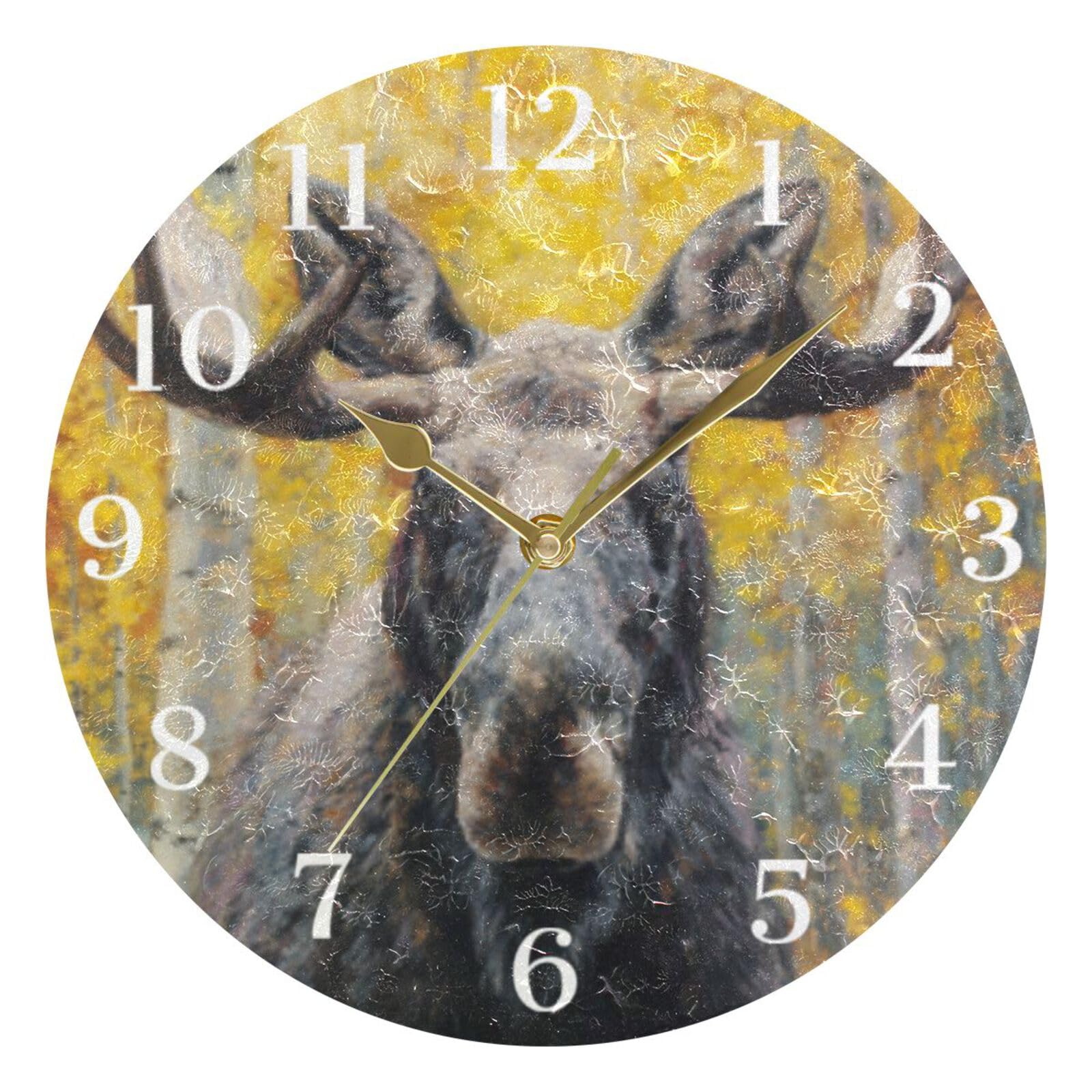 Ensound A Majestic Moose Wall Clock Silent Non-Ticking Battery Operated Clocks 12 Inch for Kitchen Home Living Room Gold