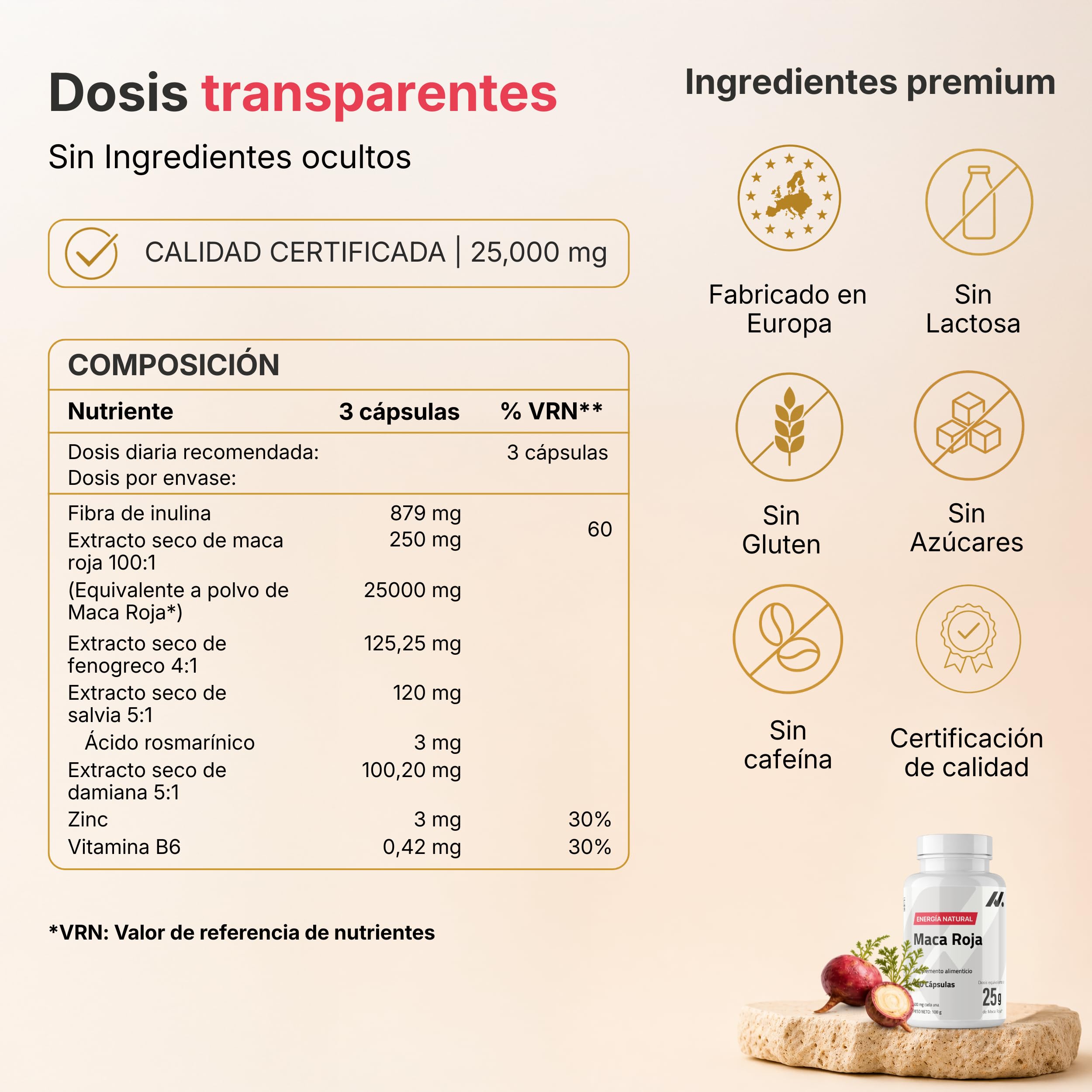 Maca Roja Mujer con Salvia, Fenogreco y Damiana - Apoyo Hormonal Femenino, Energía y Bienestar - 25.000 mg Equivalentes de Maca Roja en Polvo - 180 Cápsulas, 60 Dosis - Nyvos
