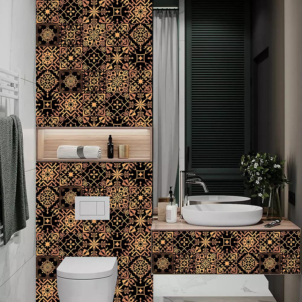 Tile Stickers Rose Gold Black Peel and Stick Floor Tiles PVC Stick on Bathroom Tiles Waterproof Wall Tile Stickers Kitchen Stick on Tiles Oilproof Stick-on Tiles Self Adhesive 15x15cm/10 Pcs