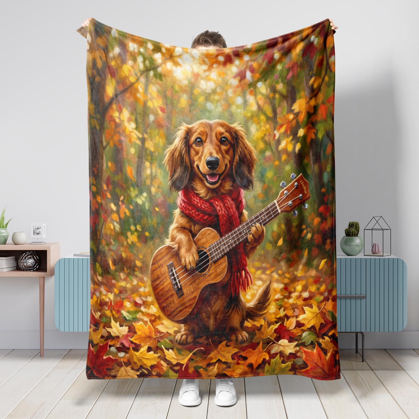 Manta de perro salchicha de otoño de 50 x 60 pulgadas, manta de franela cálida, suave y acogedora para dormitorio, camping, viajes, decoración de sofá de otoño