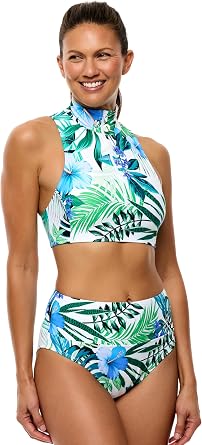 Next By Athena Womens Aloha Paddle Out Zip Mock Neck Bikini Swimsuit Top