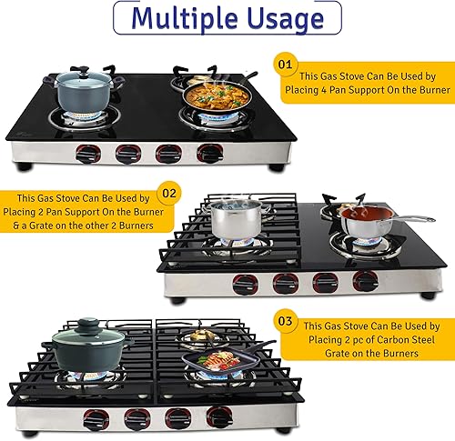 Miniatura 8 de Estufa de gas de 4 quemadores  Estufa de encimera de vidrio templado negro de 25 pulgadas, estufa de gas inoxidable, 4 quemadores, estufa de rv para