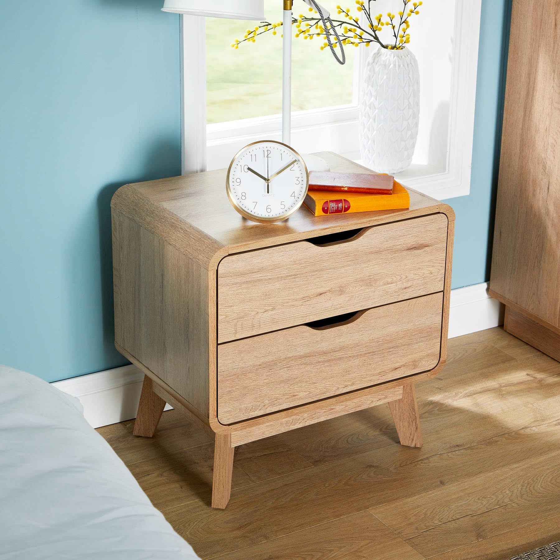 Home Source Bedside Side Table, Modern Bedroom Cabinet Nightstand, 2 Drawer Storage, Oak Effect, Wood
